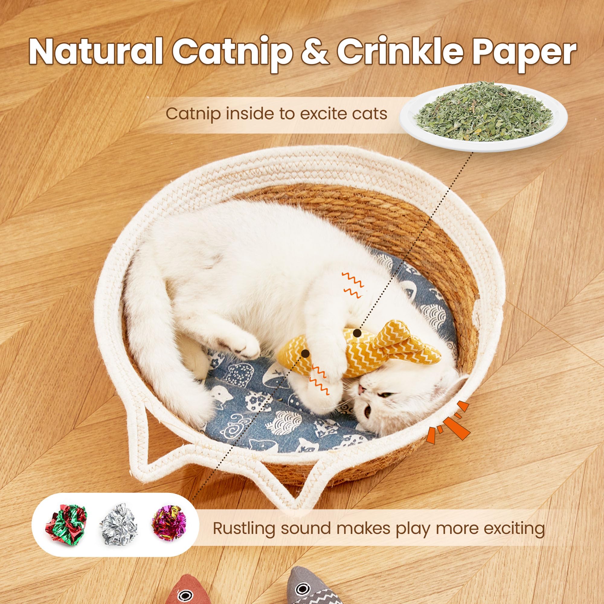 Potaroma 3-Pack Crinkle Cat Toys with Catnip - Soft Linen Fish-Shaped Interactive Kicker Toys for Indoor Kittens (7.8 Inches) - Perfect Exercise Toys for All Cat Breeds - Great for Playtime, Training & Bonding with Your Feline Friend