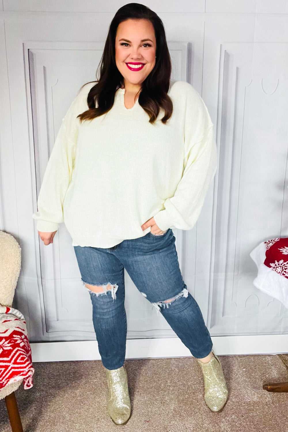 Ivory Oversized Notched Neck Patch Sweater - Cozy & Stylish Knit Pullover for Women | Perfect for Fall, Winter & Casual Outings