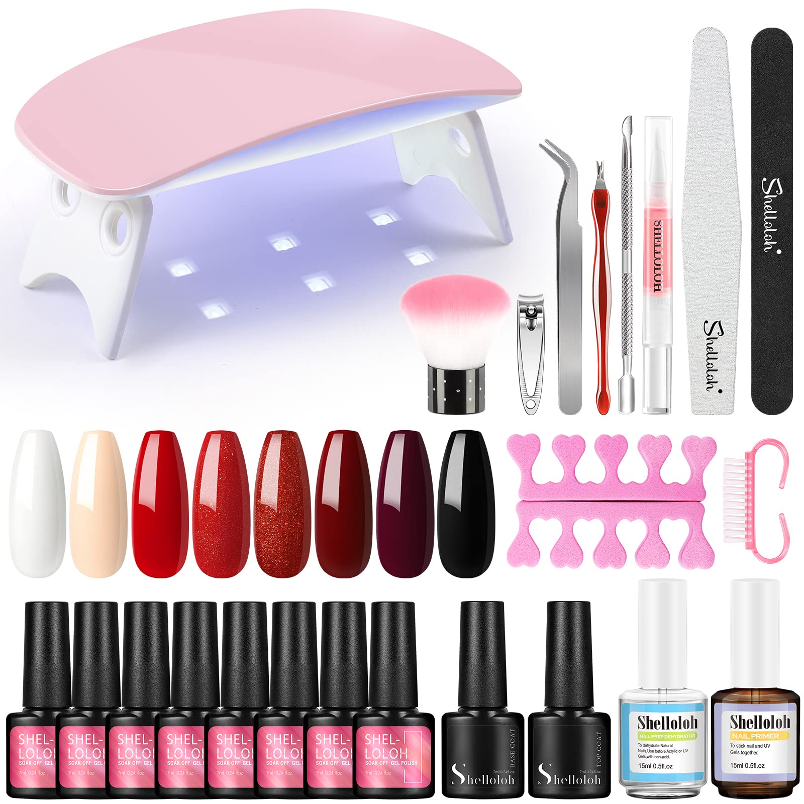 SHELLOLOH 8pcs Gel Nail Polish Set with UV/LED Nail Lamp - Starter Kit Includes Base Coat, Top Coat, Dehydrator & Primer for Salon-Quality Manicures at Home | Perfect for DIY Nail Art, Bridal Parties & Special Occasions
