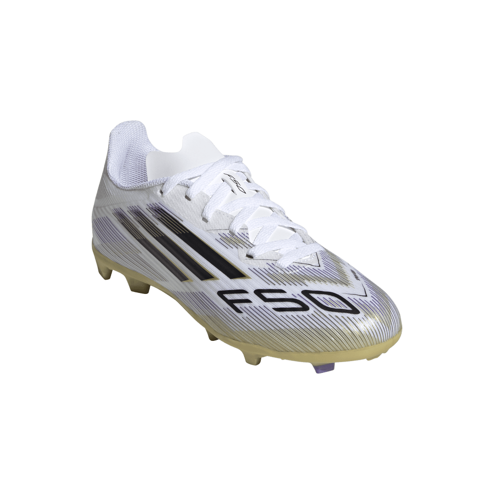 Adidas F50 League FG/MG Junior Football Cleats for Kids - White/Black/Metallic Gold Soccer Shoes | Perfect for Youth Training & Matches on Firm Ground & Artificial Turf