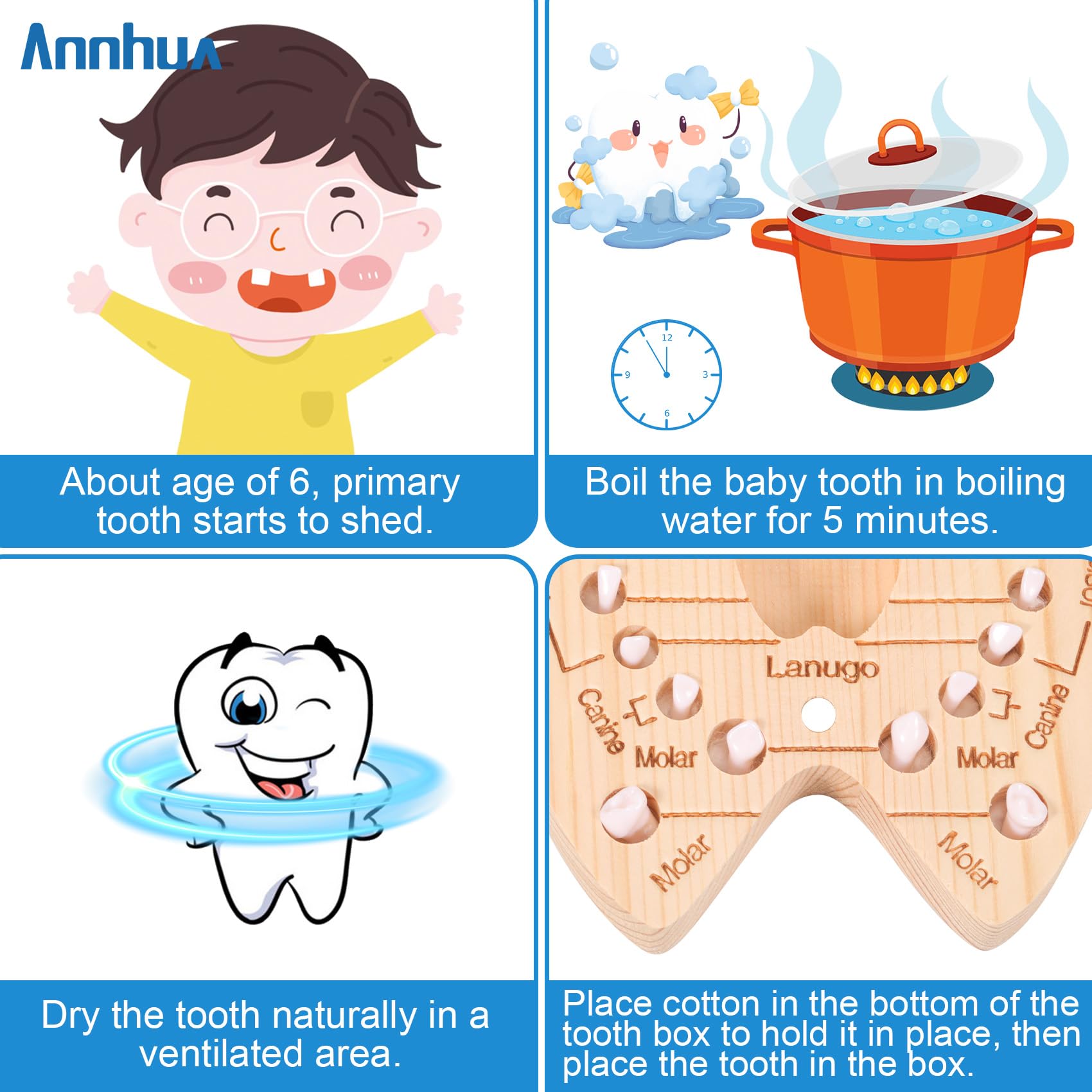 AnnHua Wooden Tooth Fairy Box for Boys - Baby Tooth Keepsake Storage for 20 Milk Teeth, Umbilical Cord & Fetal Hair with Memory Book - Perfect Baby Shower Gift & Childhood Memory Preservation
