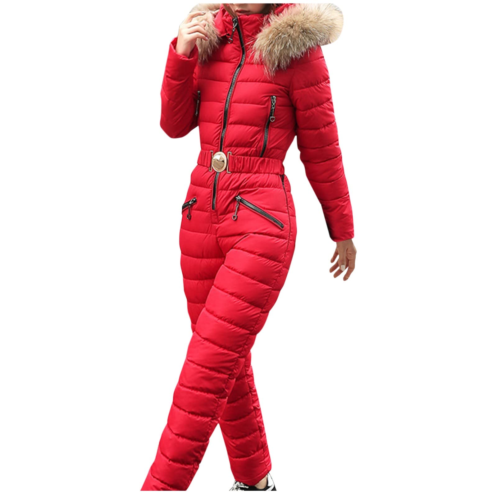 Women's Waterproof Winter Snowsuit - Hooded Ski Jumpsuit with Fur Collar, Windproof Thermal Onesie for Outdoor Sports (Red, X-Large) - Perfect for Skiing, Snowboarding & Winter Adventures