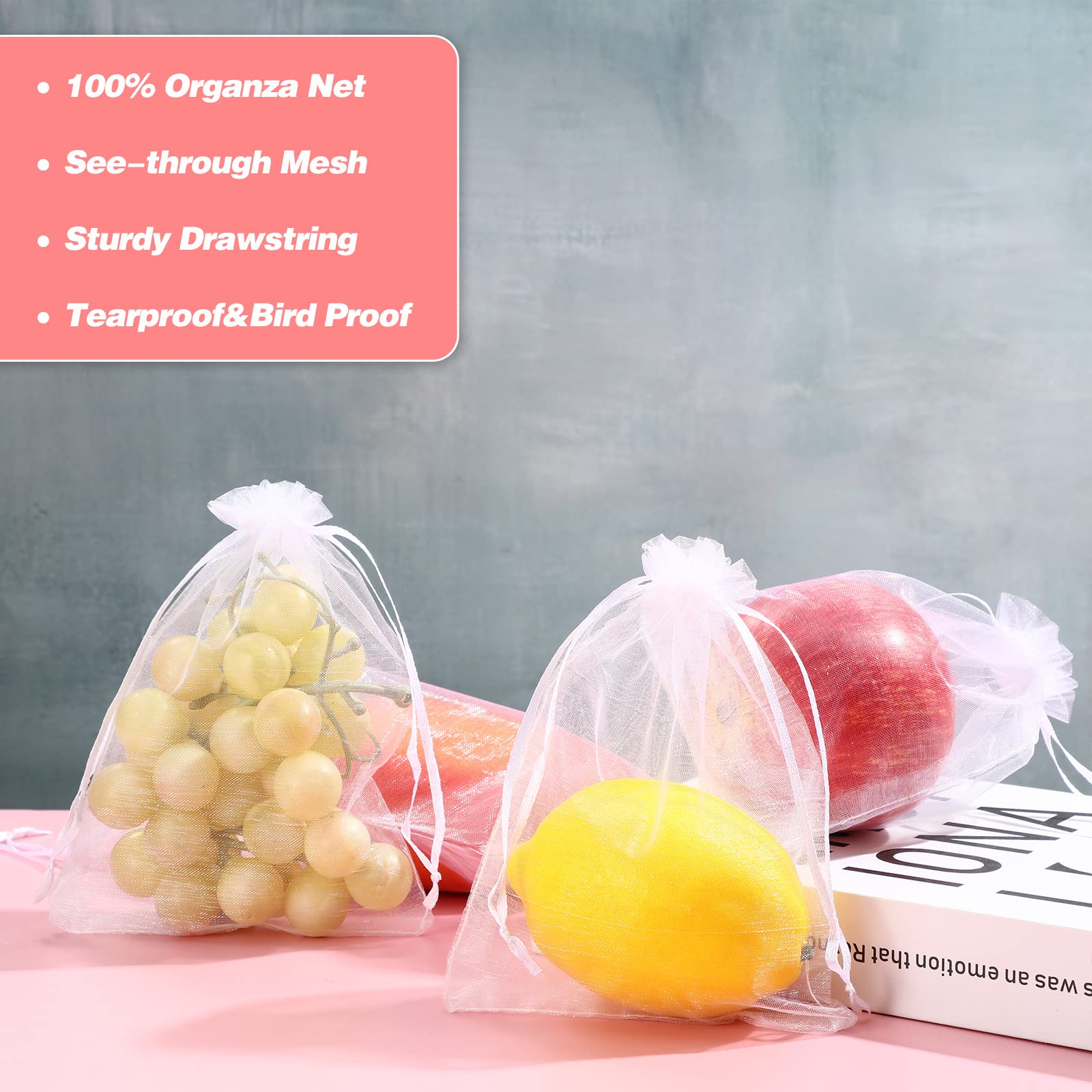100 Pcs White Fruit Protection Bags with Drawstring - 5x7 Inch Mesh Netting Barrier for Fruit Trees, Gardens, Plants, Flowers & Vegetables - Perfect for Organic Farming, Pest Control & Harvest Protection