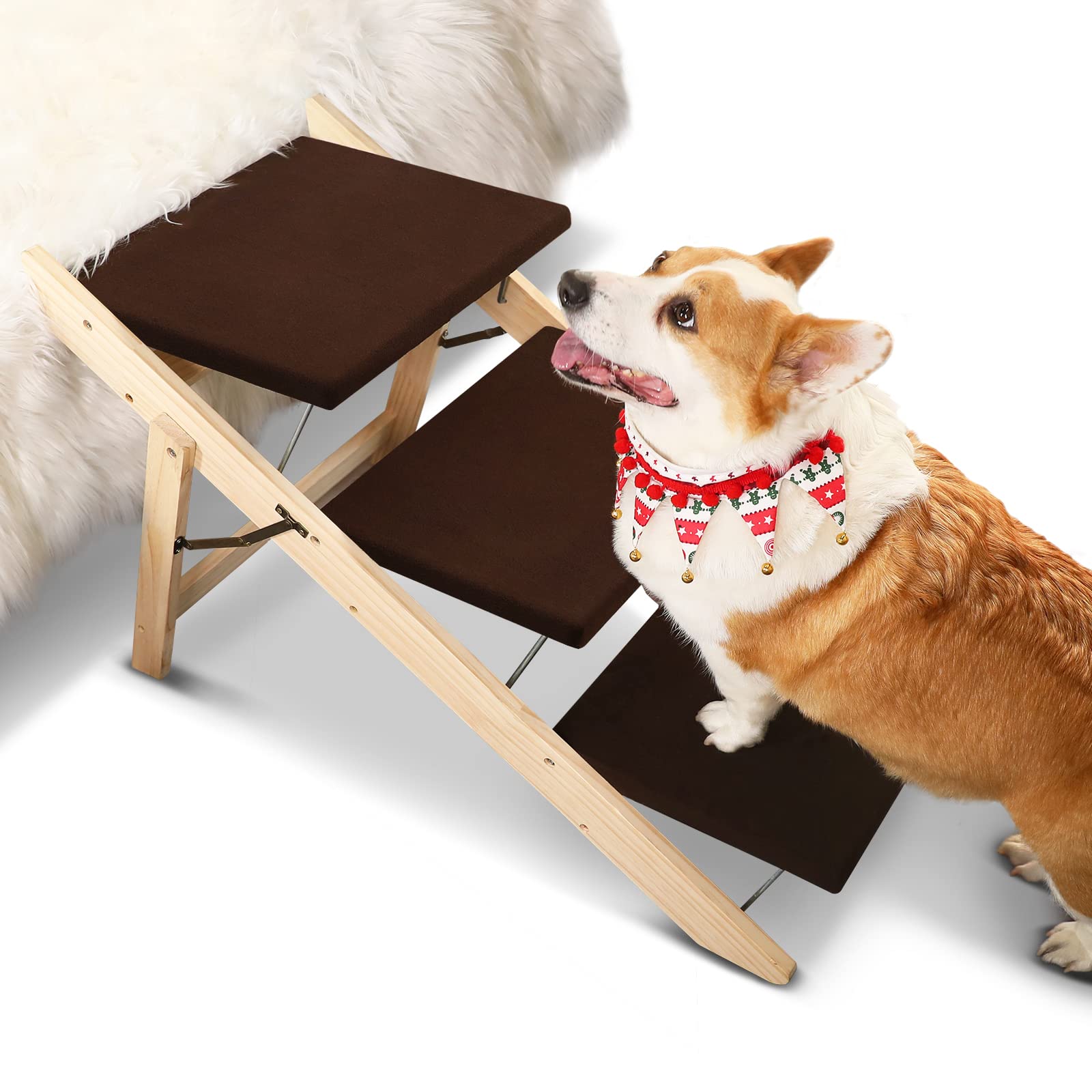 2-in-1 Foldable Wooden Dog Ramp & Pet Stairs - 3 Level Adjustable Height for High Beds, Cars & Couches - Non-Slip Carpeted Treads Supports 130lbs - Portable Indoor/Outdoor Pet Steps for Dogs & Cats - Perfect for Elderly Pets, Small Breeds & Post-Surgery Recovery