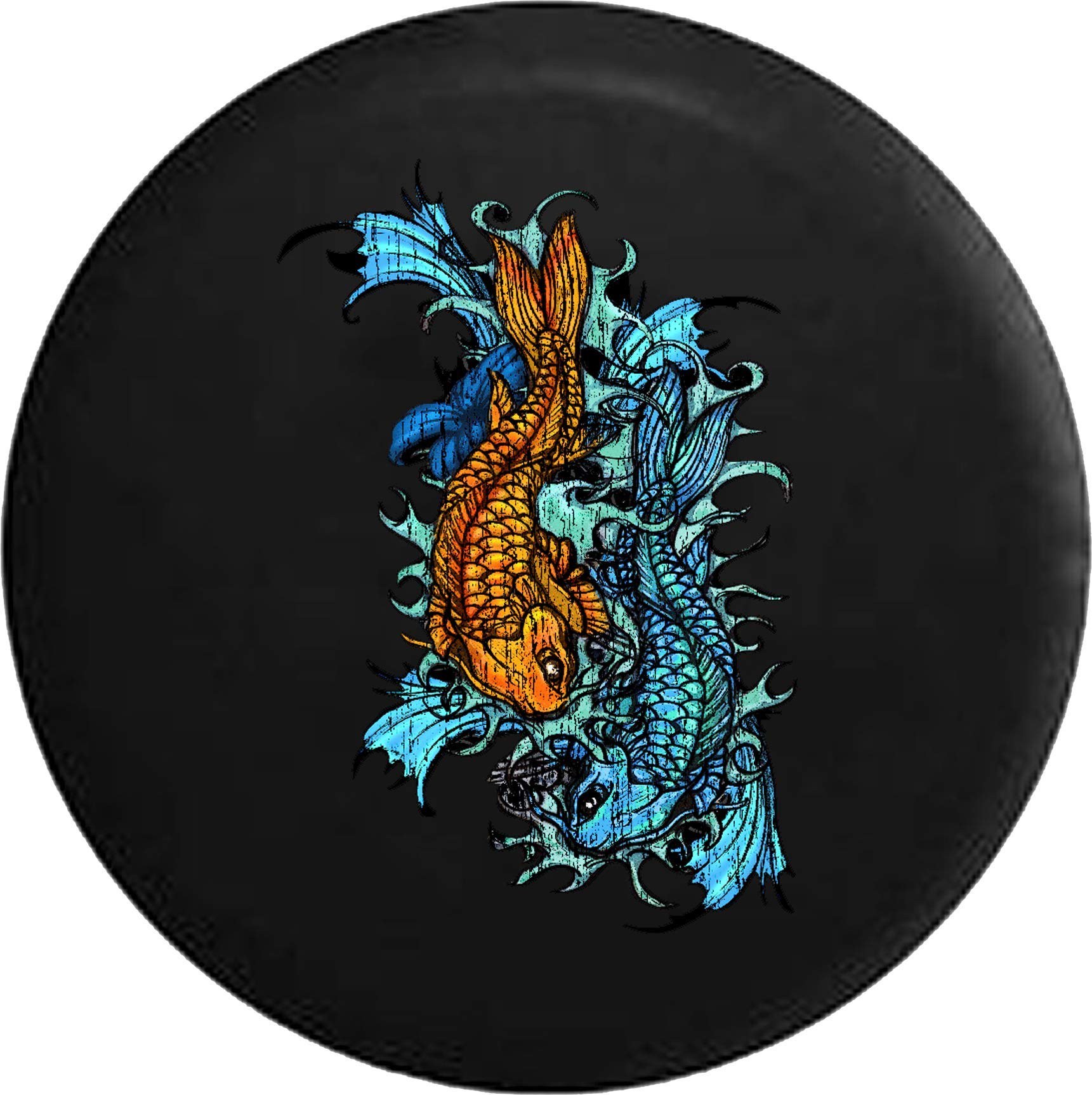 31 Inch Black Tire Cover with Koi Fish Design - Japanese Blue & Orange Asian Fish Pattern for SUVs, Trucks & RVs - Waterproof & UV Resistant for Outdoor Travel & Camping