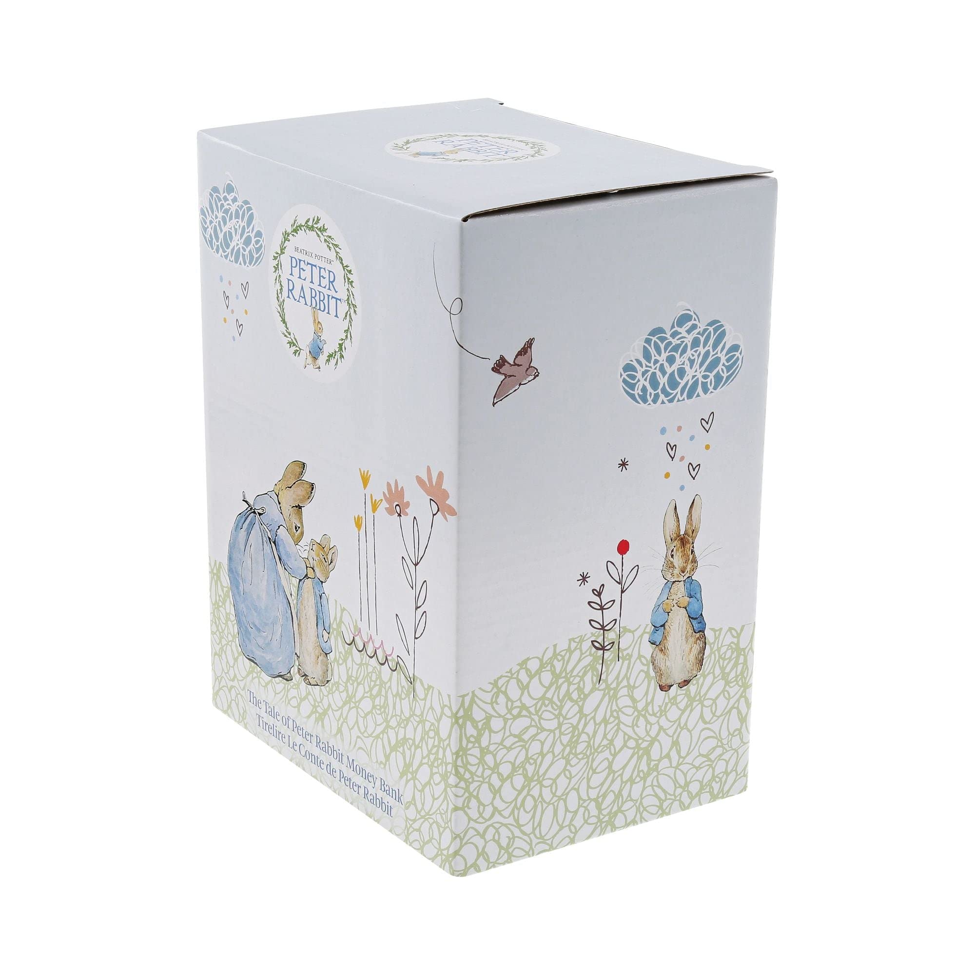 Enesco Beatrix Potter The Tale of Peter Rabbit Book Cover Baby Nursery Coin Bank - 5.71 Inch White Ceramic Piggy Bank for Kids Room Decor, Baby Shower Gift & Money Saving