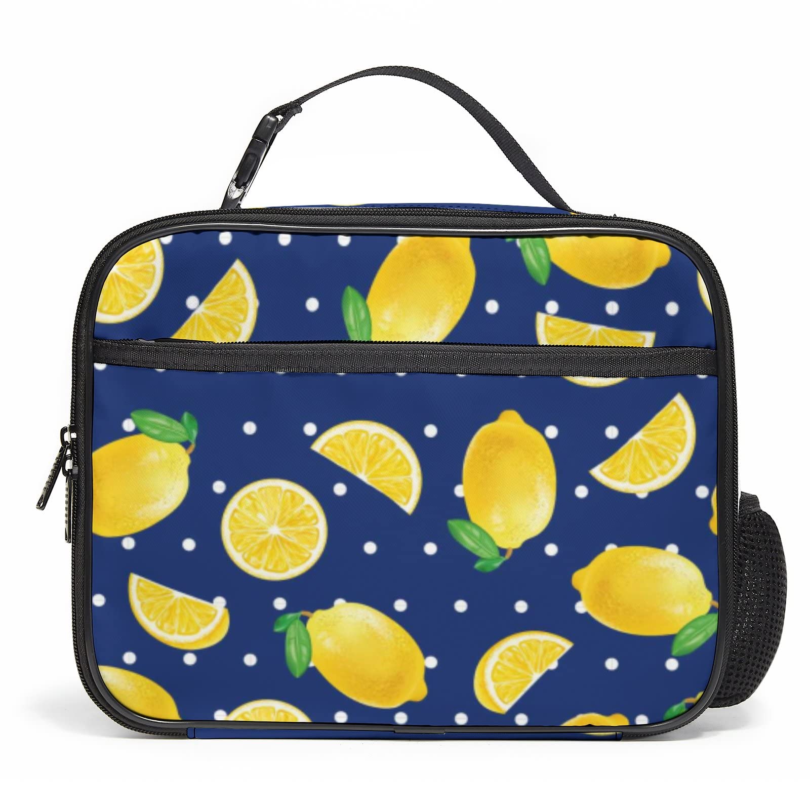 Polka Dot Lemon Print Insulated Lunch Box - Reusable & Portable Lunch Bag with Handle for Men, Women, Girls & Boys - Perfect for Work, School, Picnics & Travel - BPA-Free & Leak-Proof Design