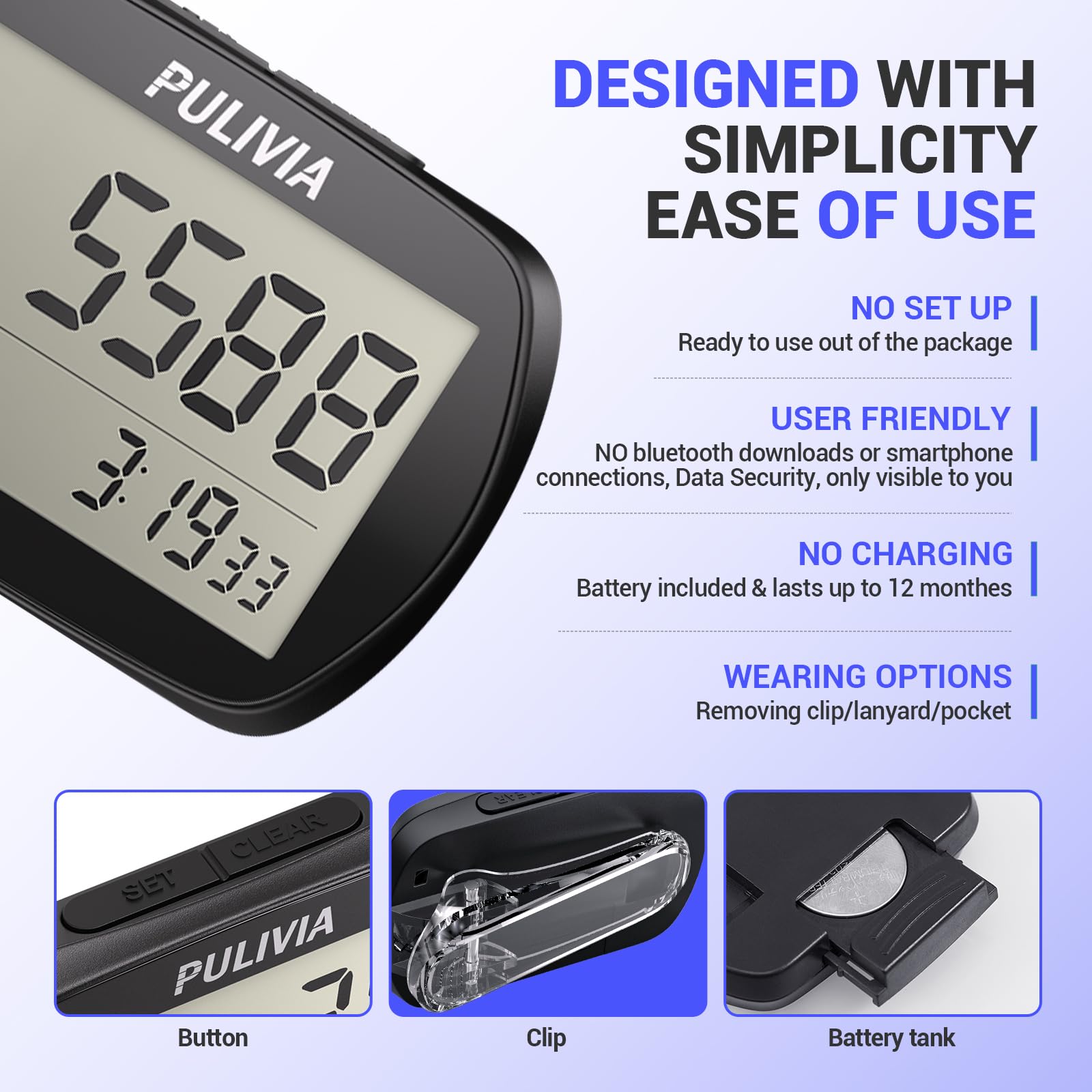 PULIVIA 3D Pedometer with Clock - Accurate Step Counter for Walking & Fitness Tracking