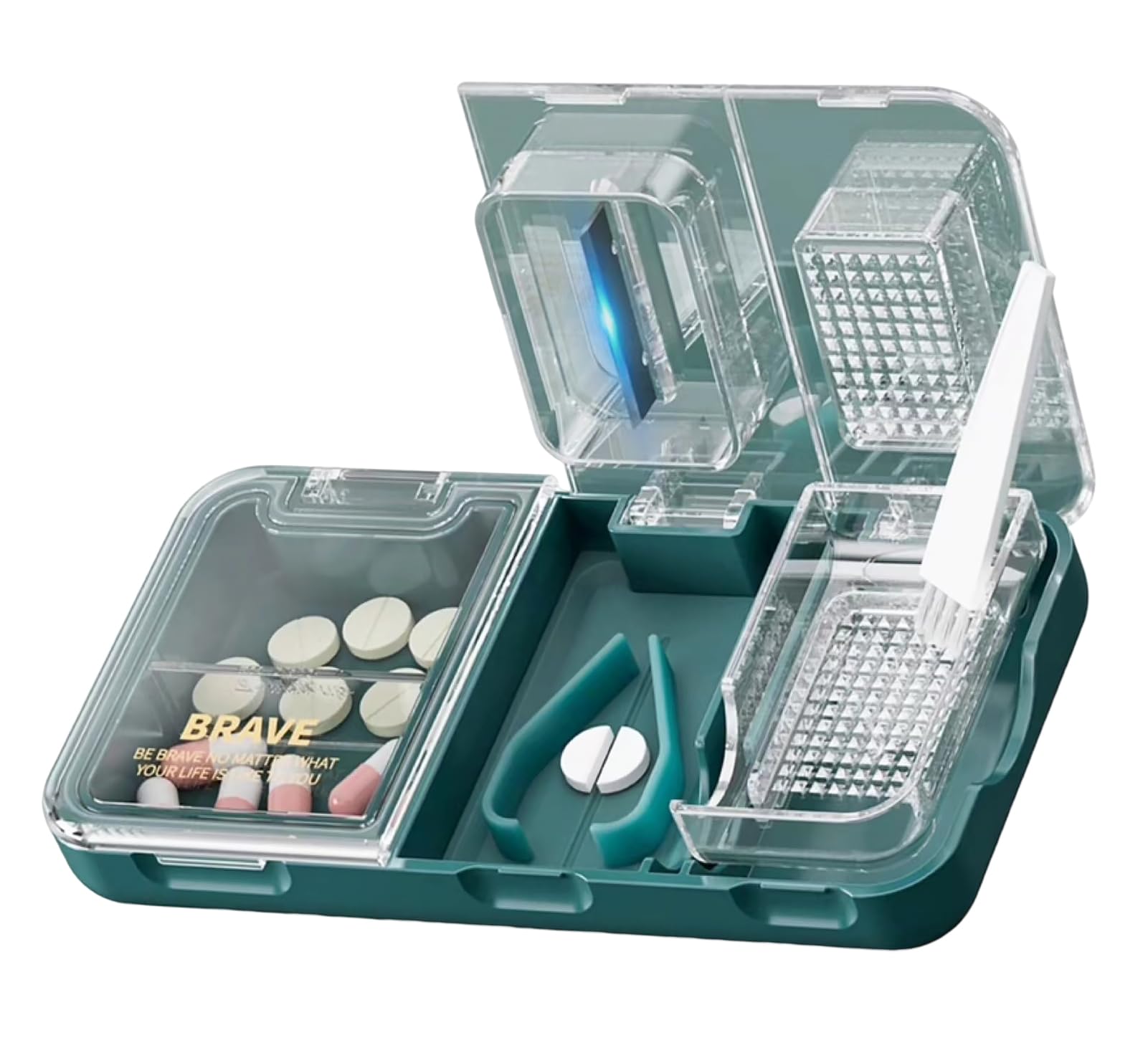 CFMOUR 3-in-1 Pill Cutter, Crusher & Storage Organizer - Precise Pill Splitter for Small/Large Tablets with Powder Brush - Perfect for Elderly, Kids & Pets Medication (Green) - Ideal for Home, Travel & Veterinary Use