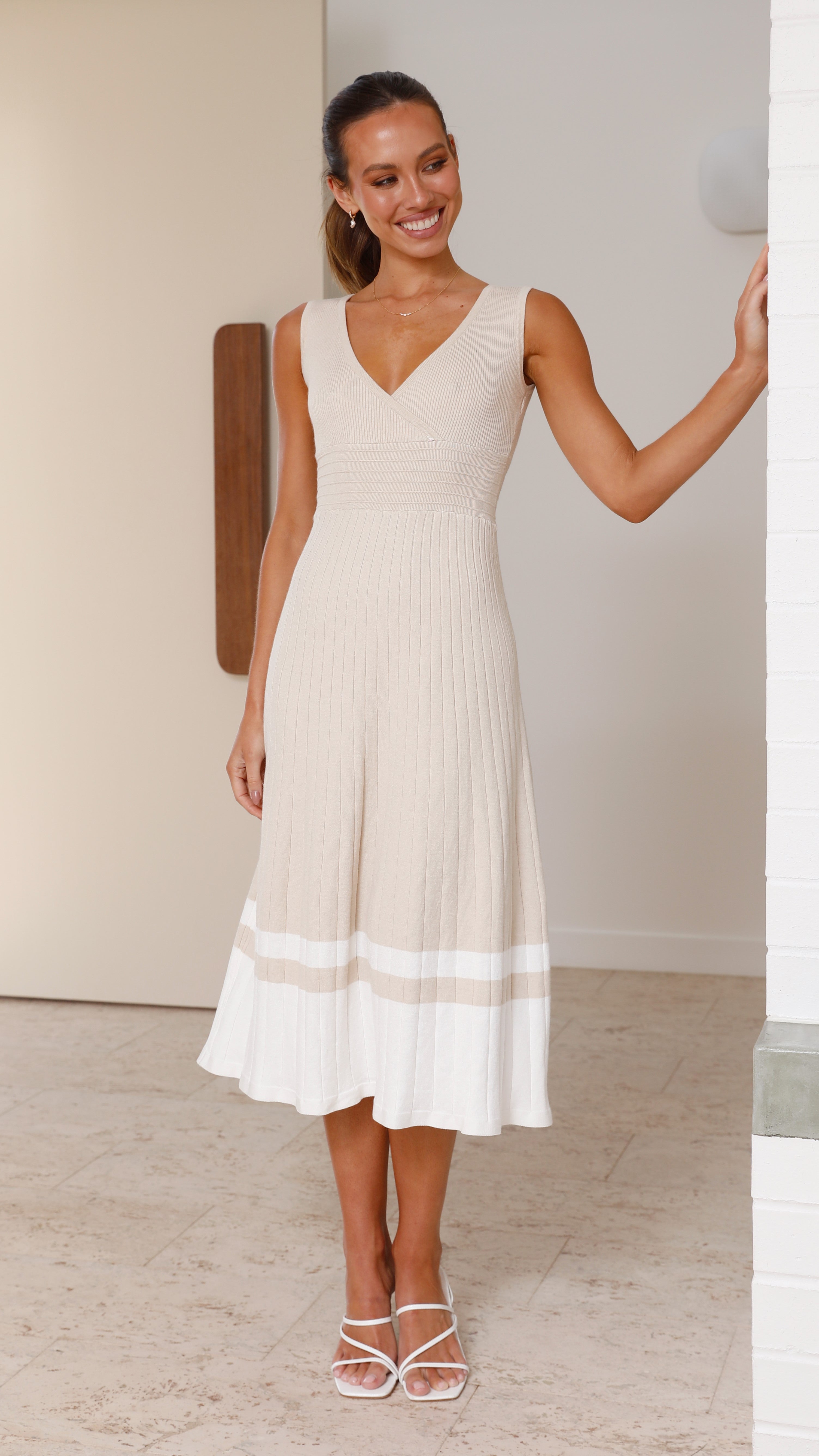 Jayde Knit Dress for Women - Soft Beige & White Casual Wear - Perfect for Office, Date Night & Weekend Outings