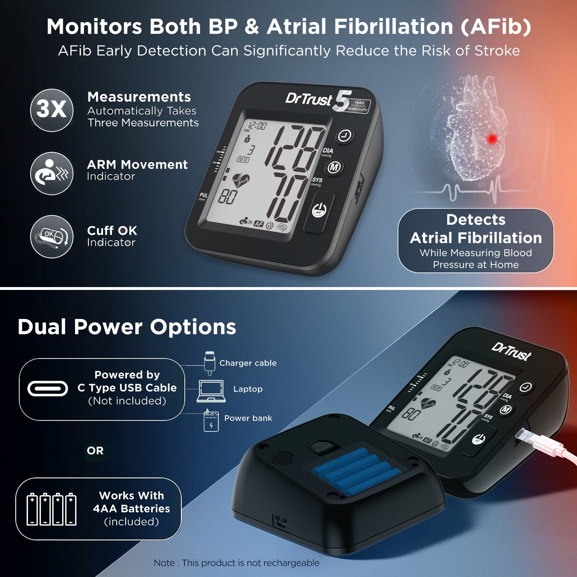 Dr Trust USA IntelliTrack Blood Pressure Monitor 131 - Accurate Digital BP Machine with Atrial Fibrillation (Afib) Detection, MDI Technology, USB & Battery Powered (4 AAA) - Home Health Monitoring for Stroke Prevention & Heart Care (Black)