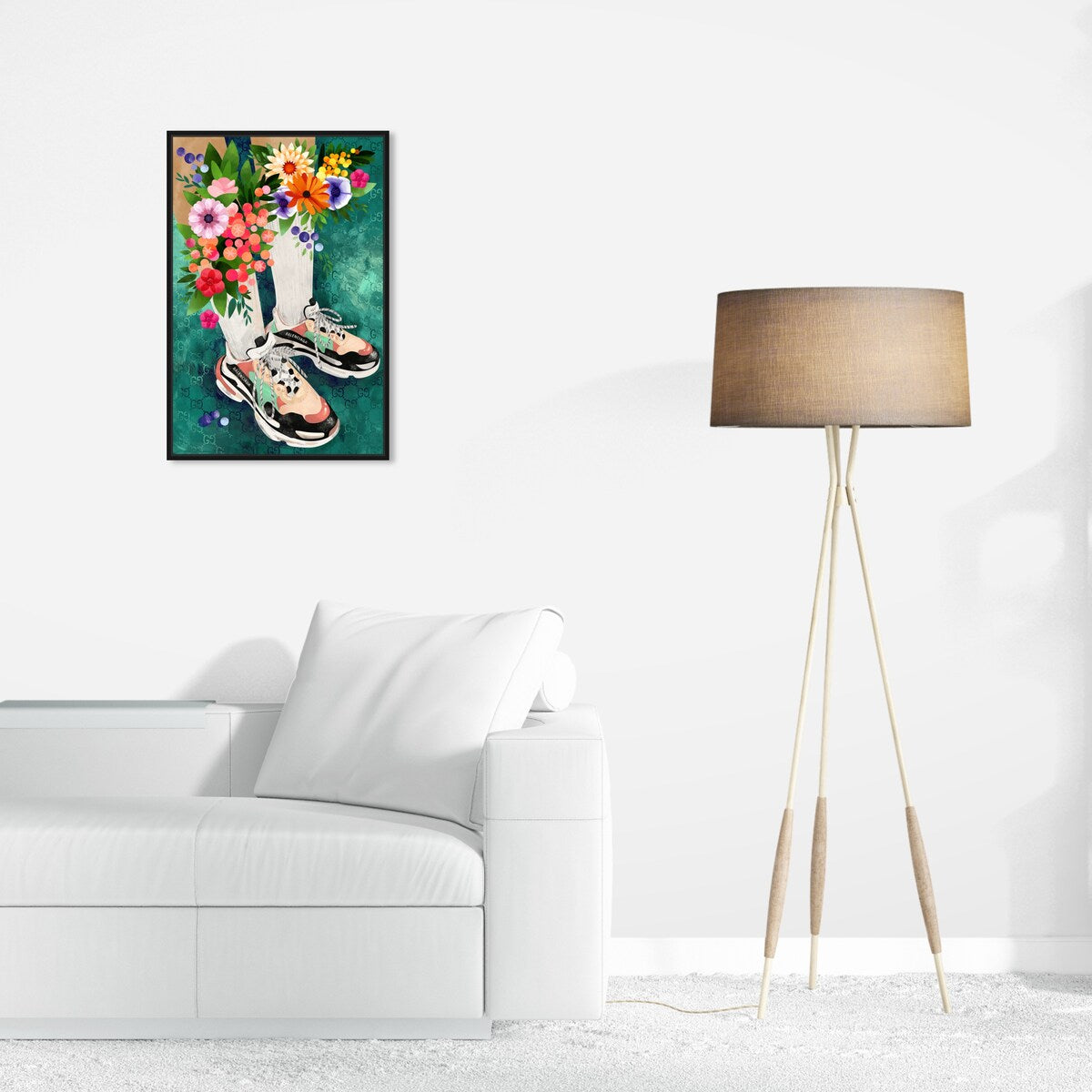 Stylish Floral Sneakers & Socks Set with Modern Green Framed Canvas Wall Art - Perfect for Bedroom Decor and Fashion Outfits | Home & Fashion Combo