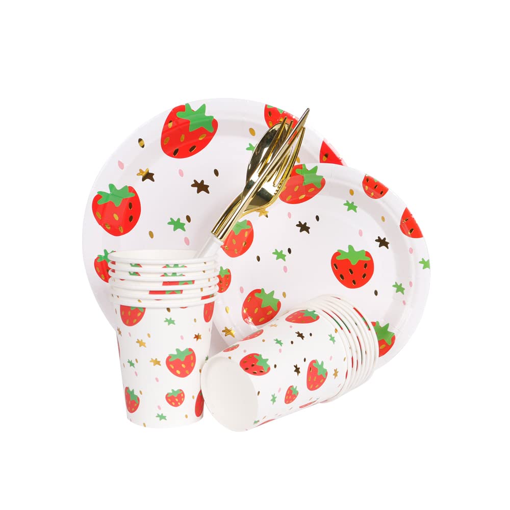 Gold Strawberry Disposable Paper Plates 9 Inch - Elegant Gold Foil Dessert Plates for Party, Wedding, Baby Shower - Set of 20 Decorative Fruit Themed Plates - Perfect for Birthday Celebrations, Picnics & Special Events