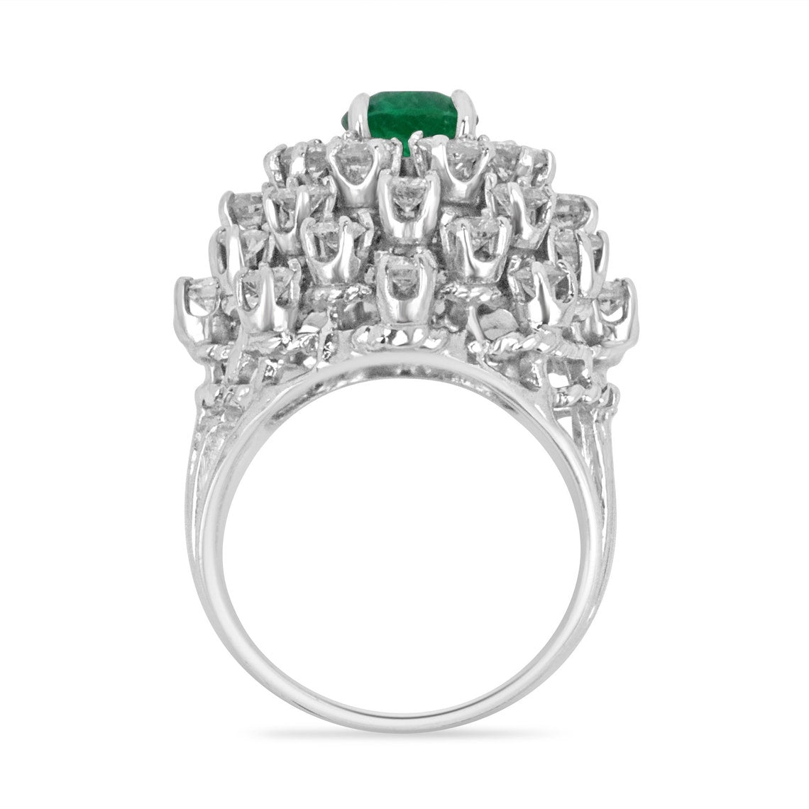 14K White Gold Vintage Cocktail Ring with 5.0tcw Cushion Cut Emerald & Diamonds - Elegant Statement Jewelry for Weddings, Parties & Special Occasions