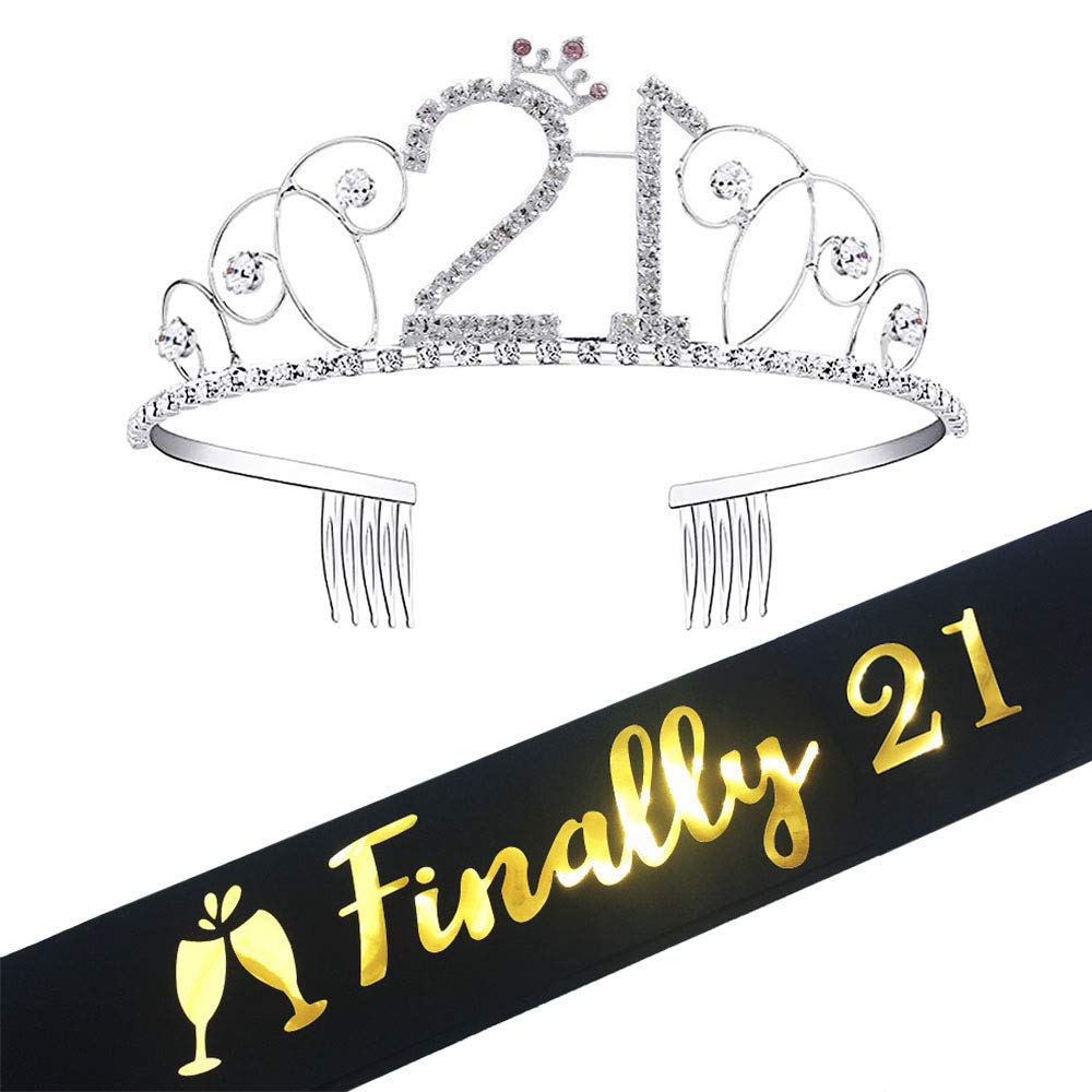 21st Birthday Tiara & Sash Set - Sparkling Crystal Rhinestone Crown & Glitter Satin 'Finally 21' Sash for Women's 21st Birthday Party Decorations, Cake Topper - Perfect for 21st Birthday Celebrations, Bachelorette Parties & Milestone Birthday Photos