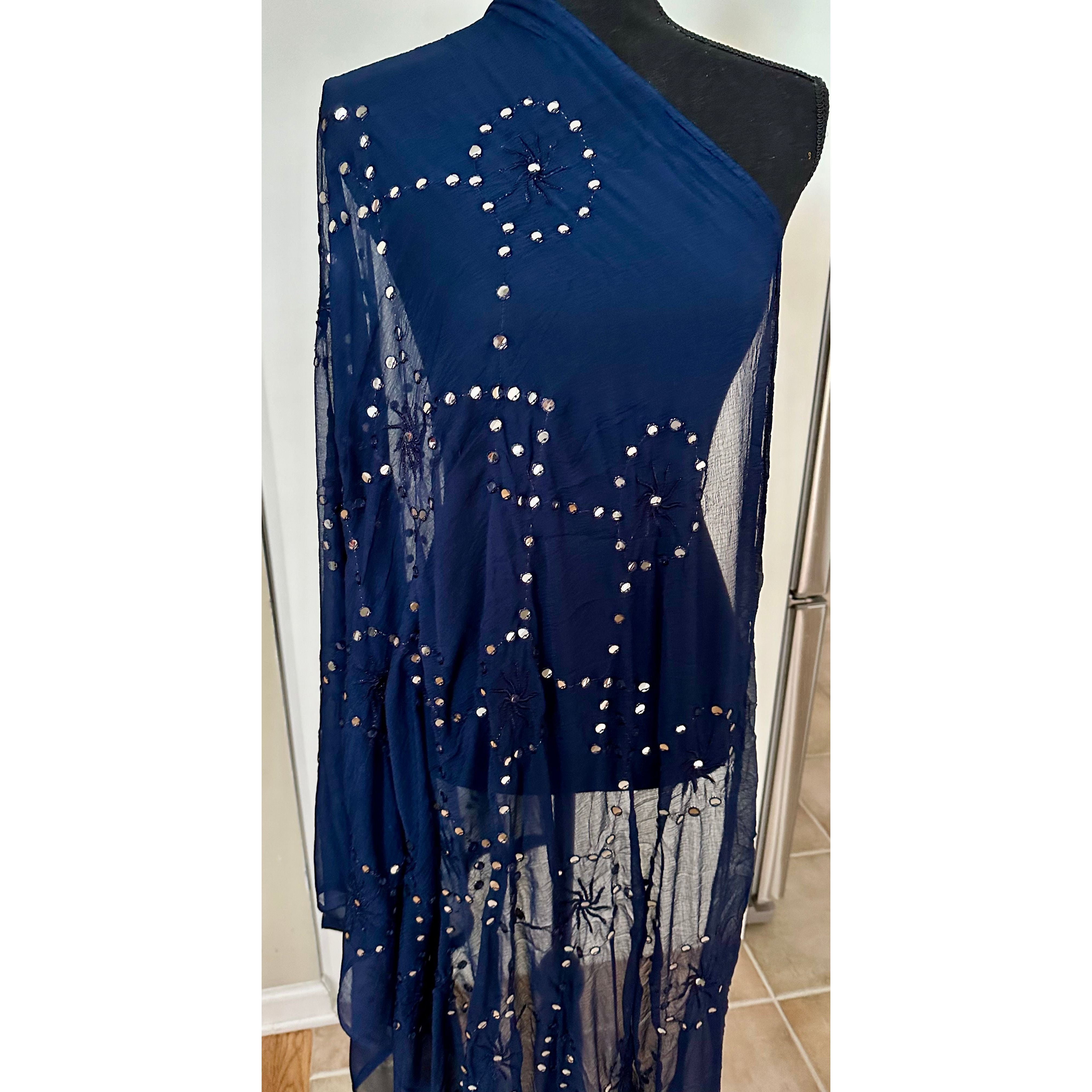 Elegant Dark Blue Dupatta with Mirror Embroidery - Perfect for Weddings, Parties & Festive Occasions