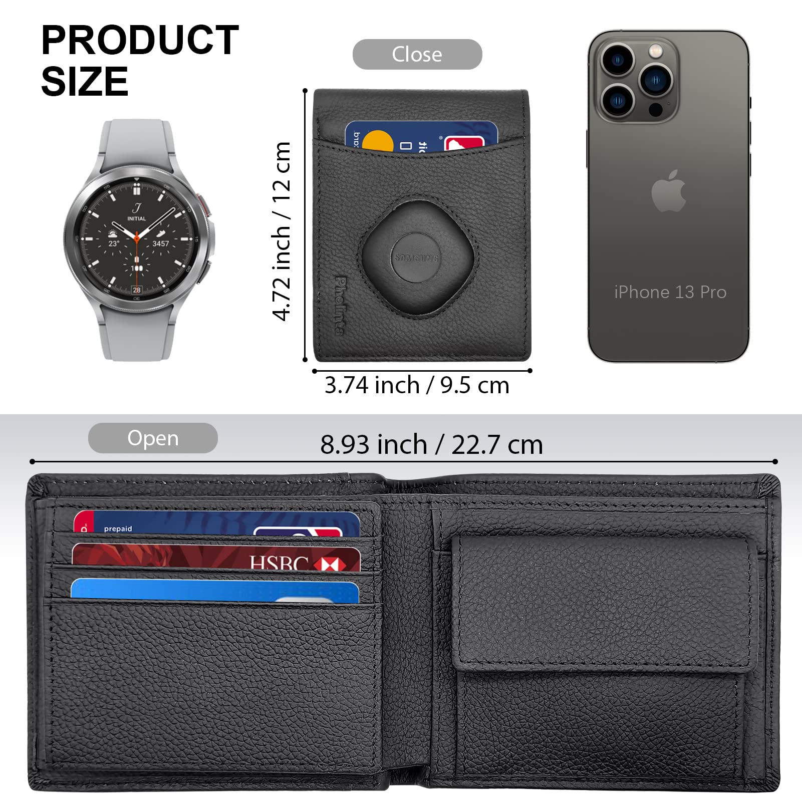 Premium Men's Leather Wallet for Samsung Smart Tag Plus/Smart Tag - RFID Blocking, Genuine Leather, Compatible with Galaxy SmartTag+/SmartTag - Black - Perfect for Travel, Business & Everyday Use