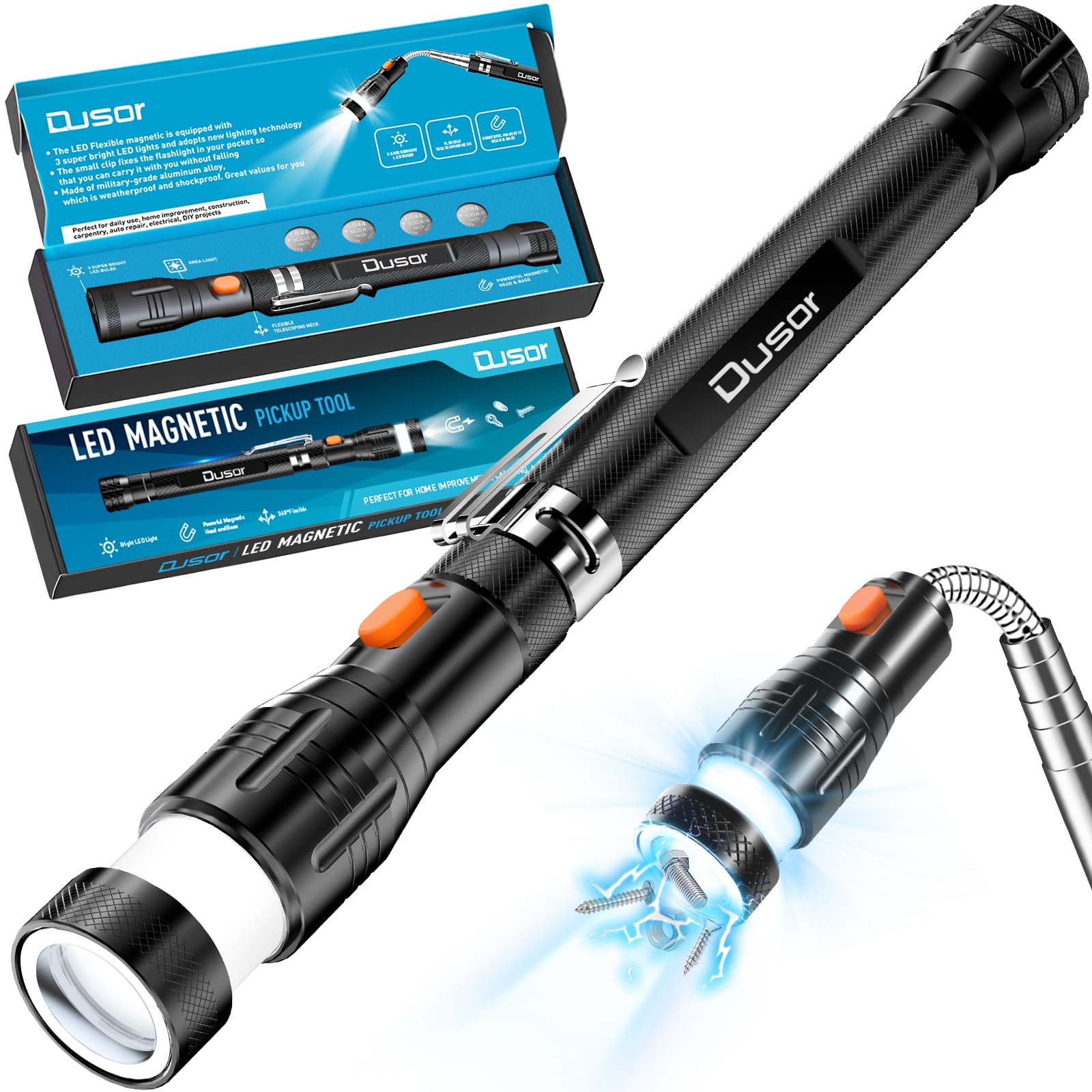 Dusor Magnetic Pickup Tool with LED Lights - Telescoping Extendable Magnet for Retrieving Metal Objects - Great Gift for Men, Dad, Husband, Boyfriend - Perfect for DIY Projects, Car Repair, and Workshop Use