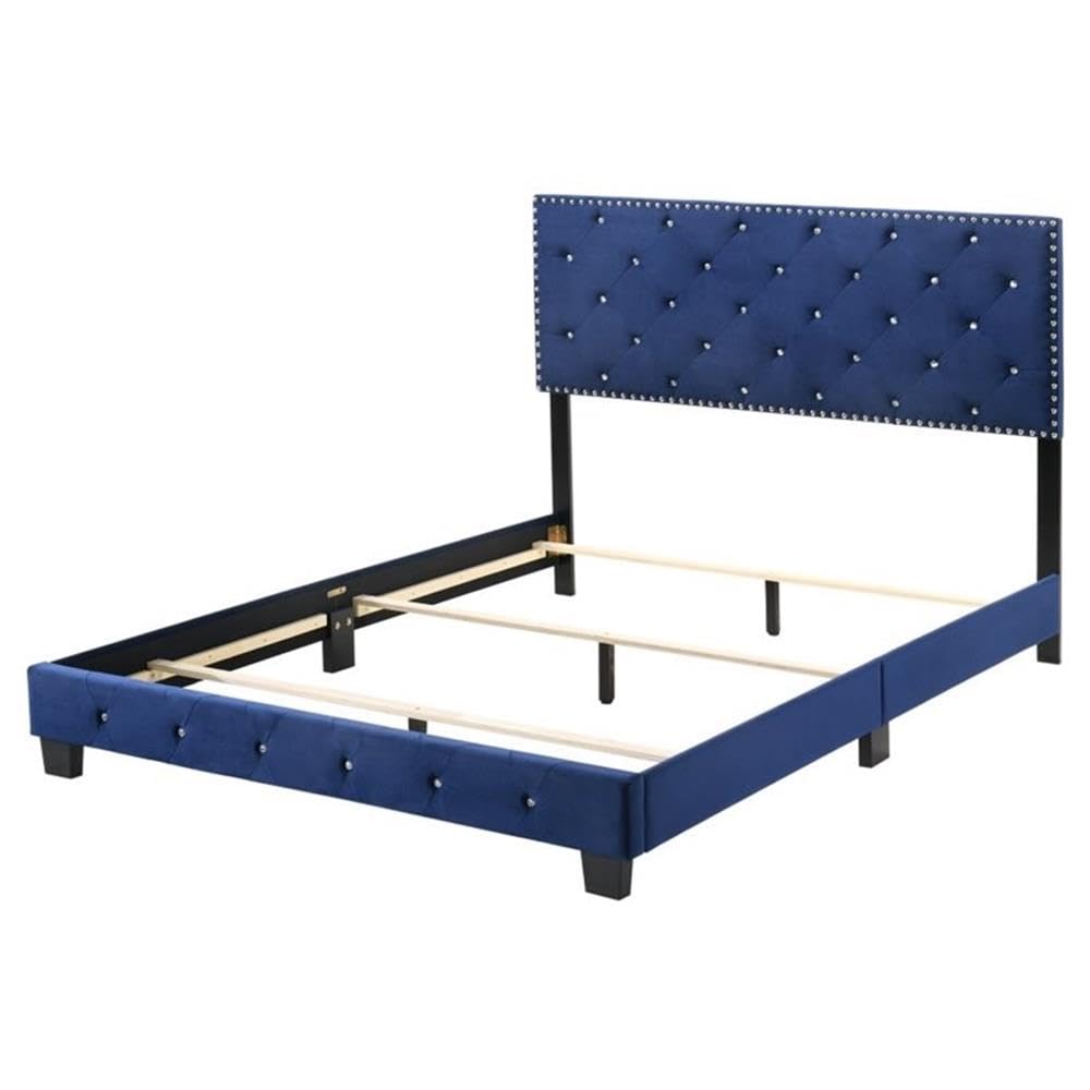 Glory Furniture Suffolk Velvet Upholstered Queen Bed Frame in Navy Blue - Luxurious Bedroom Furniture for Master Bedroom & Guest Room