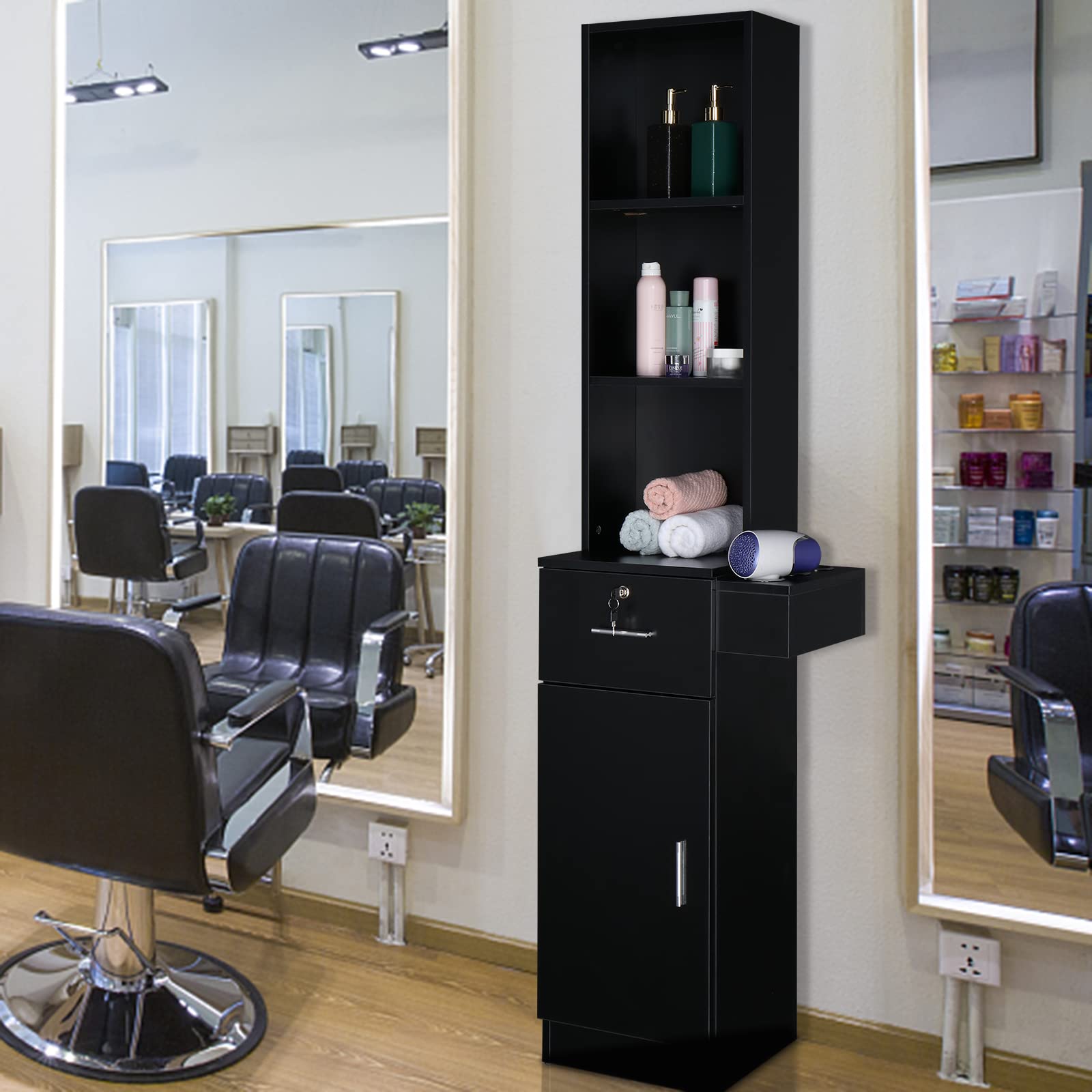 OmySalon Professional Hair Styling Station - 3-Tier Storage Shelf, Large Cabinet & Hair Dryer Holders - Black | Barber Salon Equipment for Stylists & Hairdressers | Perfect for Salon, Home & Mobile Hair Services