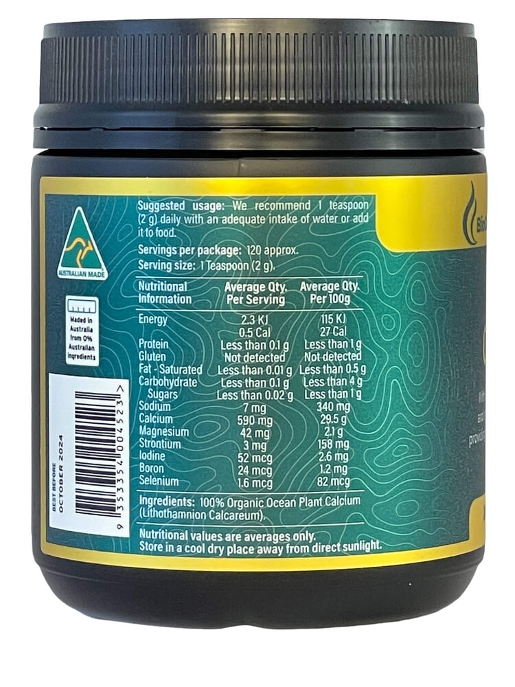 Biogenesis Organic Ocean Plant Calcium Powder 240g - Supports Bone Health & Joint Strength, Vegan & Non-GMO Supplement for Daily Wellness