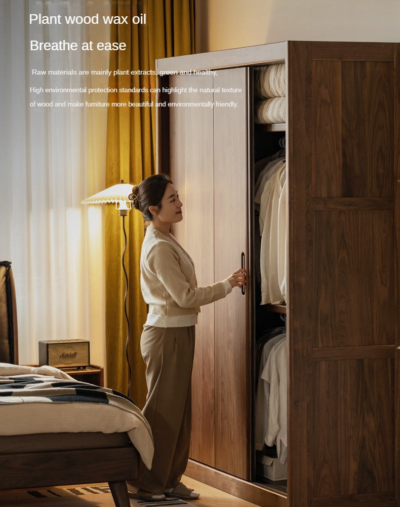 Premium Black Walnut Solid Wood Sliding Door Closet - Elegant & Durable Wardrobe Solution for Bedroom, Walk-in Closet, and Modern Home Decor