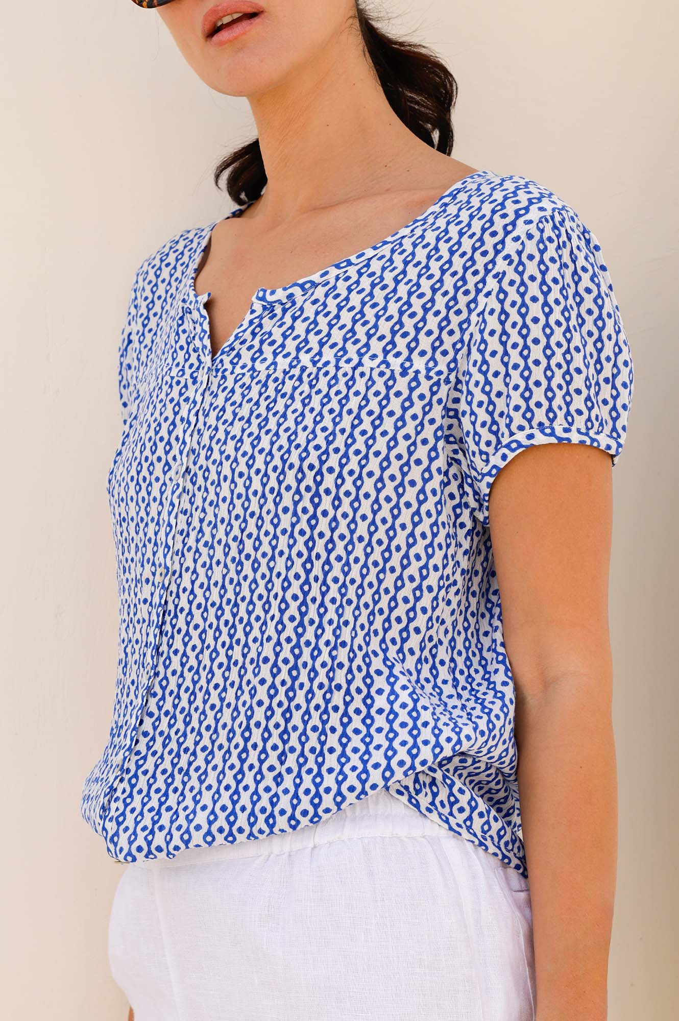 Lisbon Blouse - Santorini Border Blue & White Floral Print Women's Top | Casual Summer Beachwear & Vacation Outfit