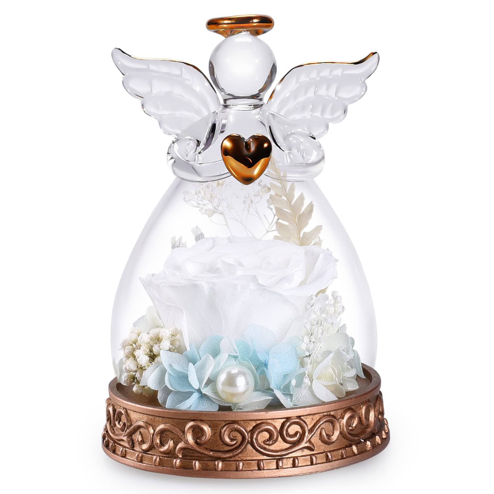 Real Preserved Rose in Glass Angel Figurine with LED Light - Romantic Angel Gift for Women, Mom, Wife, Grandma - Perfect for Mother's Day, Christmas, Birthday, Anniversary - Home Decor & Special Occasion Gift (White)