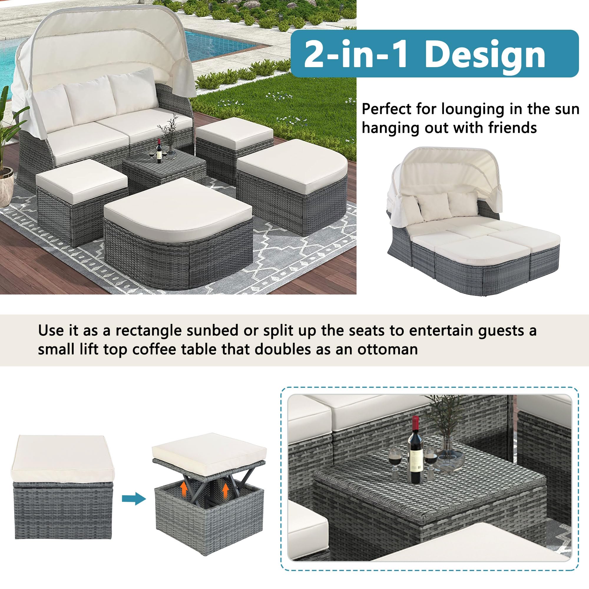 Merax Outdoor Patio Rattan Daybed Sunbed with Retractable Canopy - White Sectional Conversation Sofa Set for Backyard, Porch & Garden Relaxation | Perfect for Lounging, Sunbathing & Outdoor Entertaining