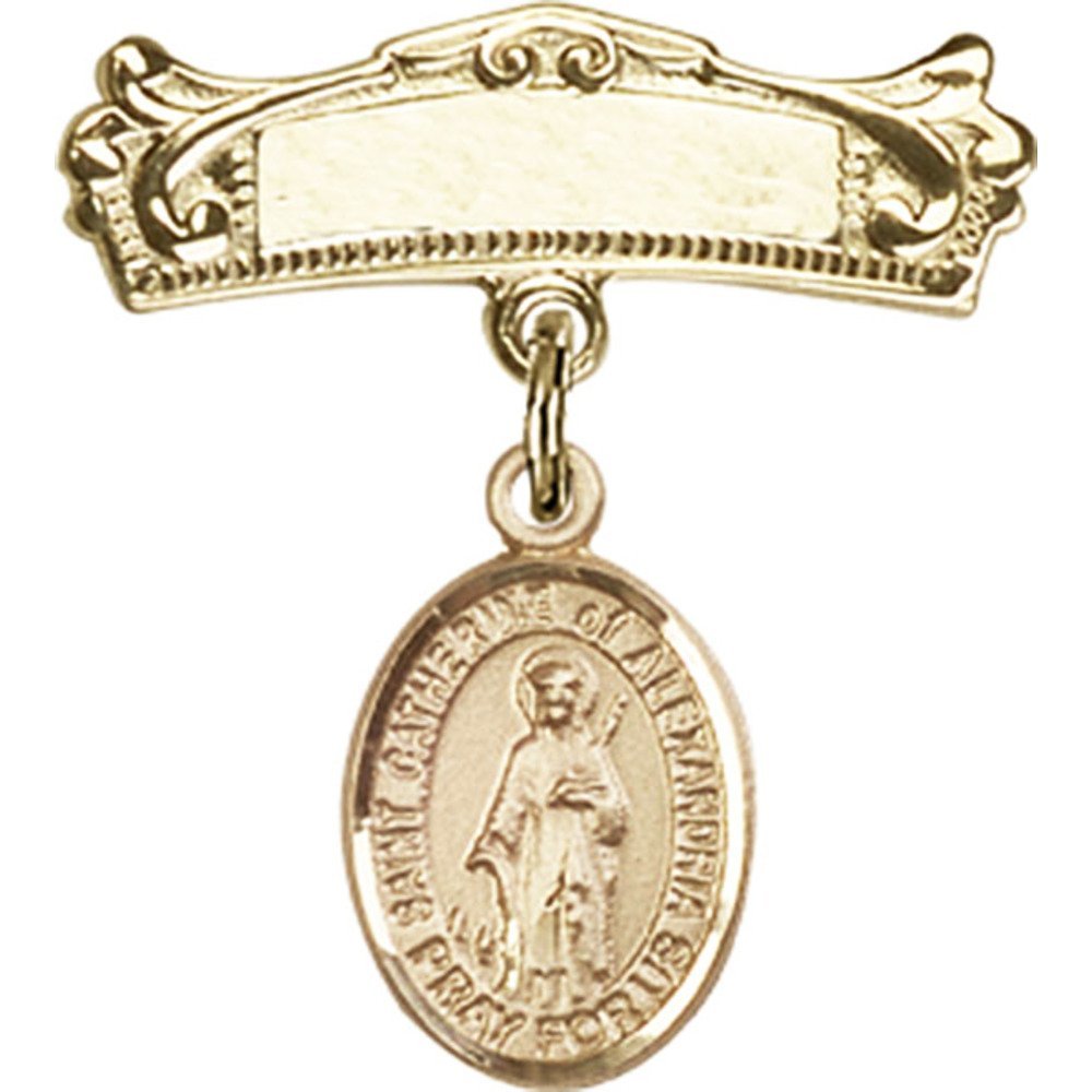 Gold Filled Baby Badge with St. Catherine of Alexandria Charm - 7/8 X 3/4 Inch Arched Polished Pin for Christening, Baptism & First Communion Gifts