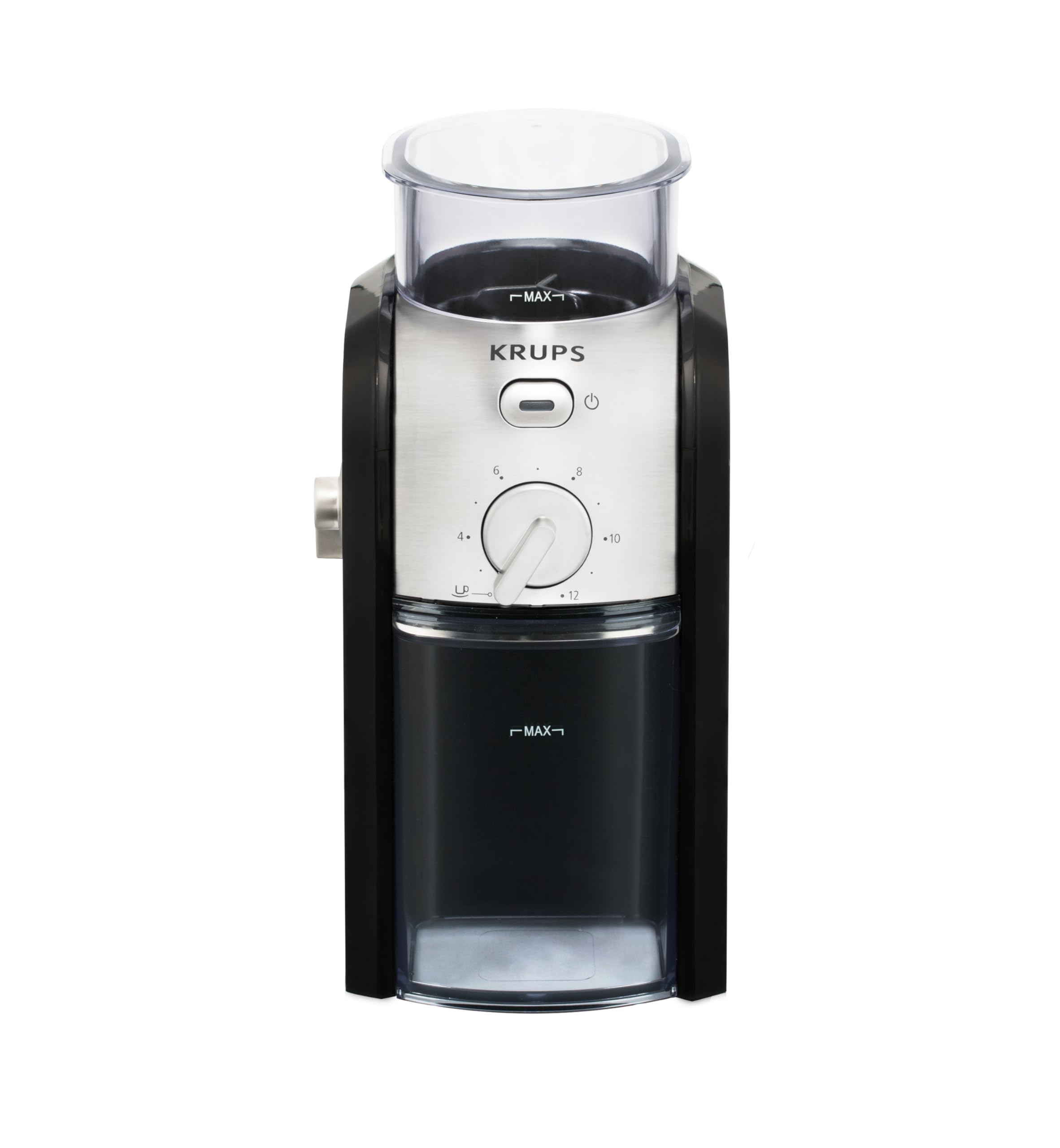 KRUPS Stainless Steel Flat Burr Coffee Grinder - Adjustable Grind Size & Cup Selection - 8-Ounce Capacity - Black & Metal Design for Espresso, French Press & Pour Over Coffee Brewing