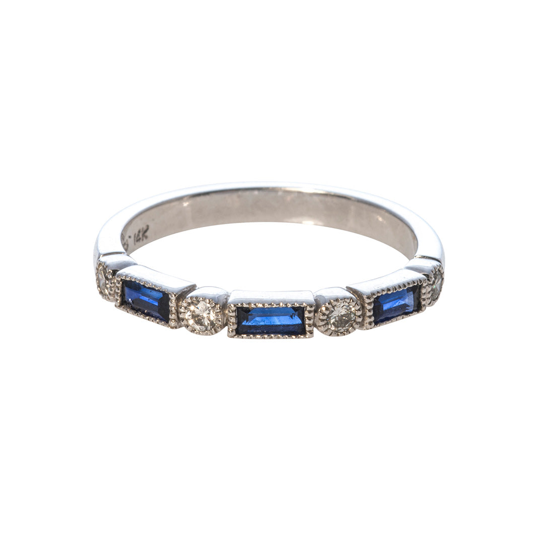 14K Gold Baguette Sapphire & Diamond Milgrain Wedding Band Ring – Elegant Bridal Jewelry for Engagement, Anniversary & Special Occasions