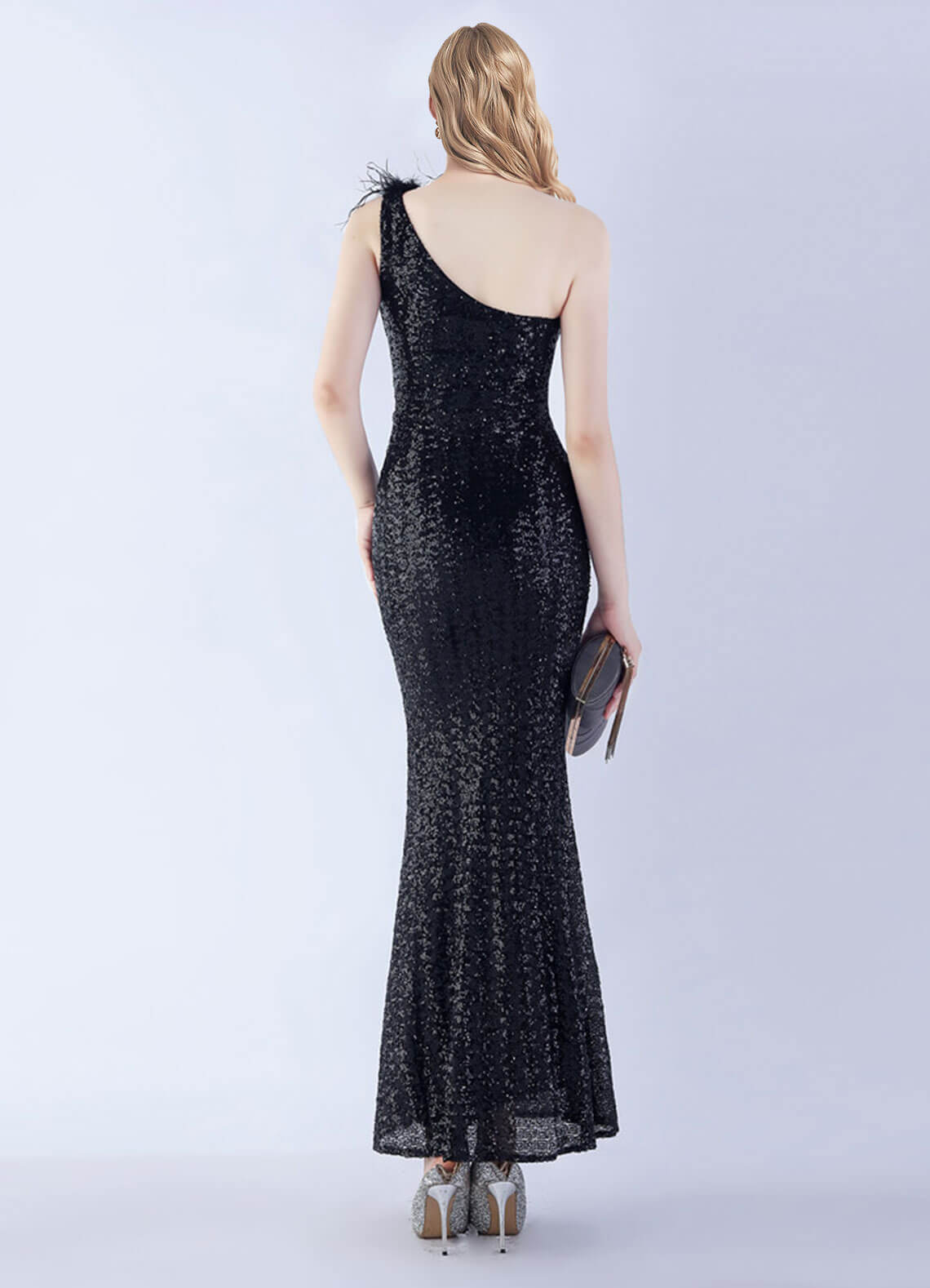 Elegant Black One Shoulder Feather Sequin Mermaid Evening Gown - Perfect for Prom, Gala, Wedding & Formal Events