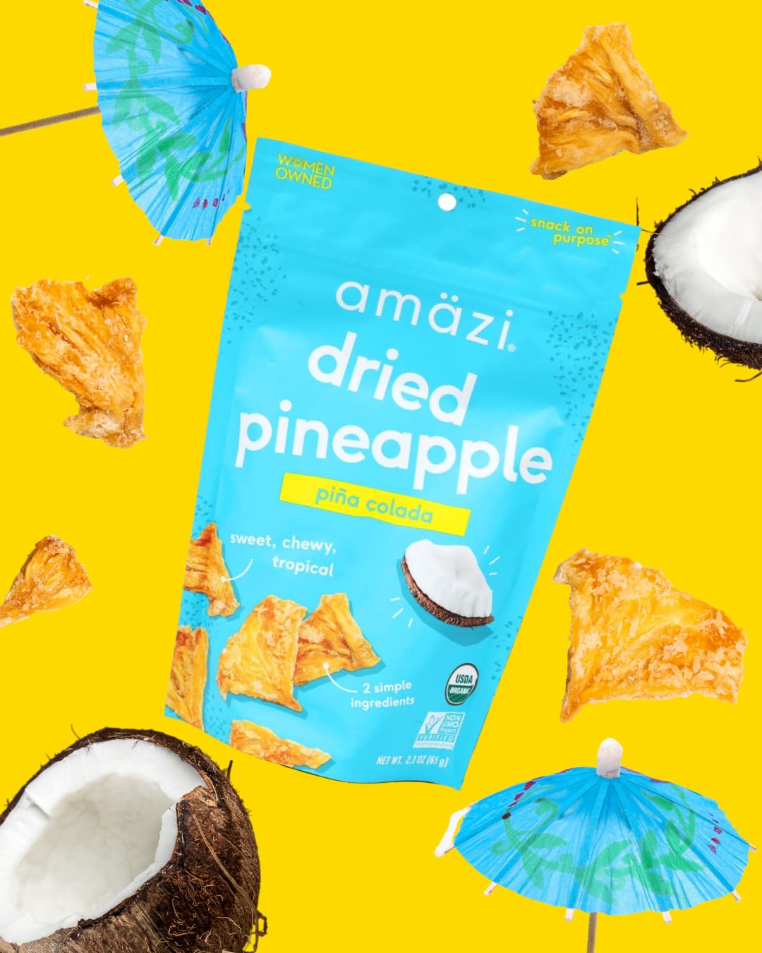 Amäzi Foods All Natural Dried Pineapple - Piña Colada Flavor (6 Pack) | No Sugar Added Dehydrated Fruit Snacks | Perfect for Healthy Snacking, Lunch Boxes & On-the-Go Treats