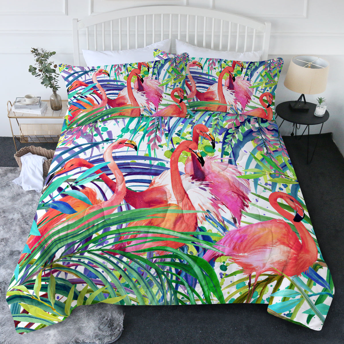 Flamingo Passion Comforter Set - Tropical Pink Flamingo Bedding Collection, Queen Size 3-Piece Comforter Set with Pillow Shams - Perfect for Beach House, Boho Bedroom & Summer Home Decor