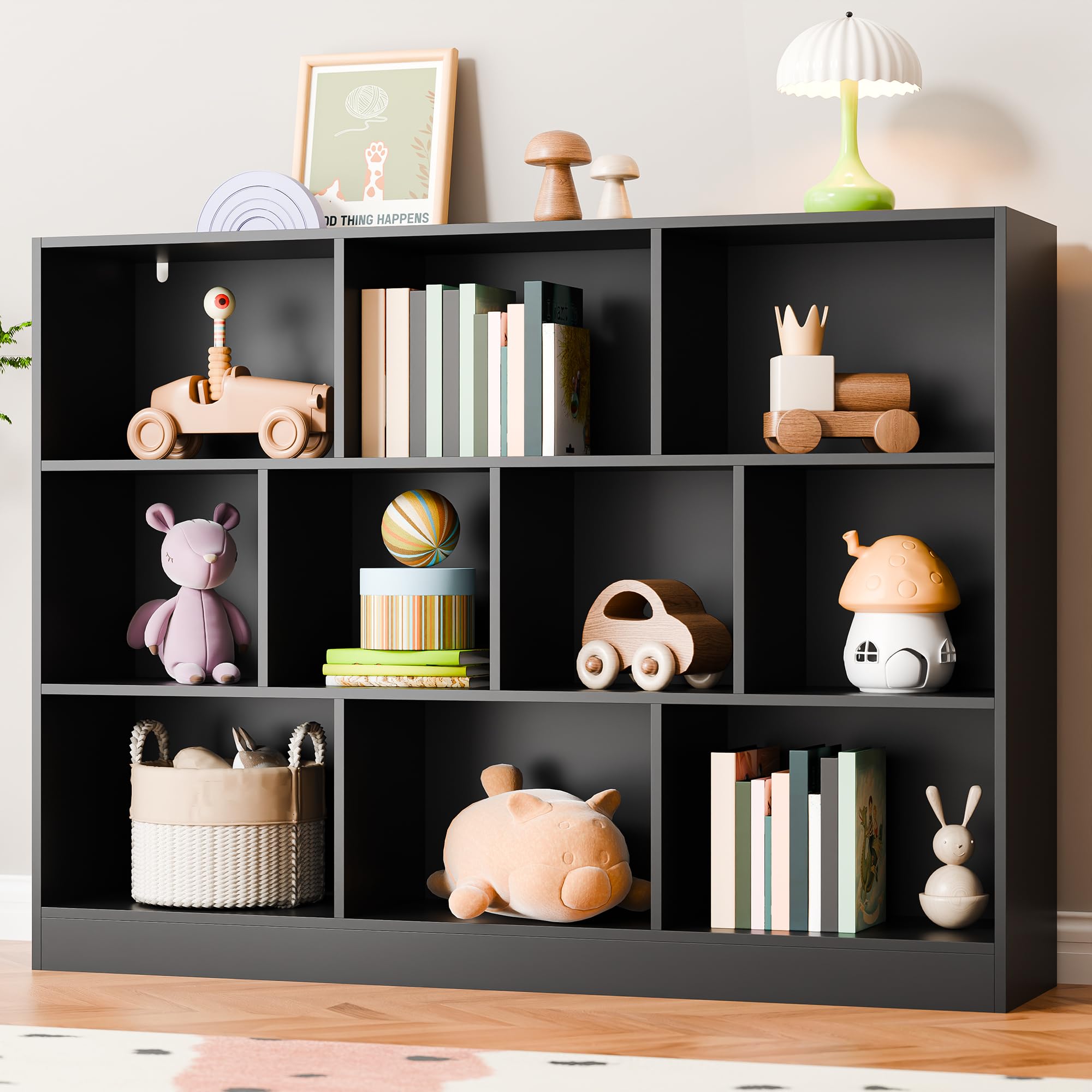 Cozy Castle Black Bookshelf - 3-Tier Open Bookcase with 10-Cube Storage & Anti-Tilt Safety Device | Freestanding Horizontal Shelf Organizer for Bedroom, Living Room & Office | Perfect for Home Decor, Book Storage & Displaying Decorative Items