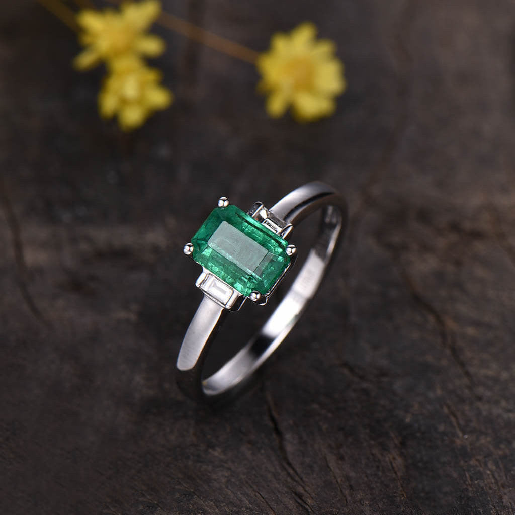 Vintage Natural Emerald Cut Emerald & Baguette Diamond Three Stone Engagement Ring - Perfect for Proposal, Anniversary & Wedding Jewelry Gift