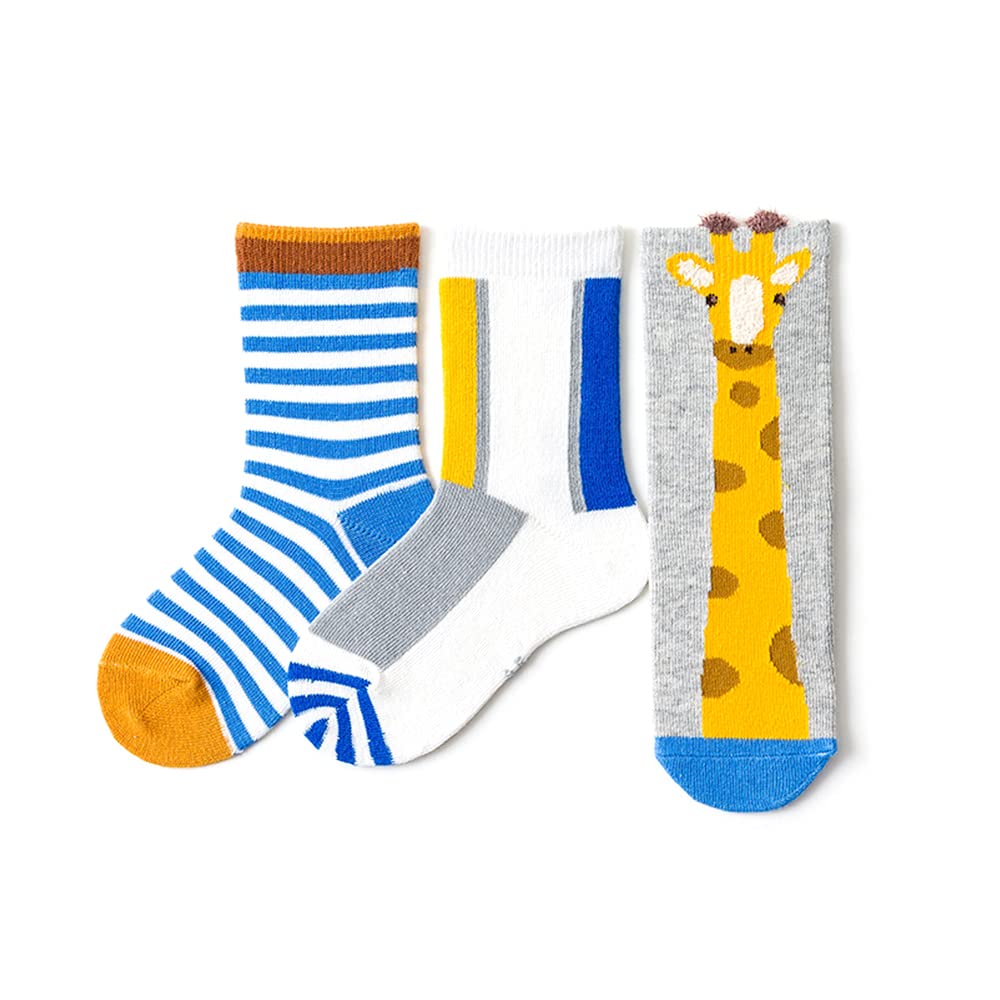 3 Pairs Soft Cotton Crew Socks for Toddlers Boys & Girls (3-5 Years) - Cute Cartoon Giraffe & Blue Stripe Design - Comfortable Everyday Wear for School, Playtime & Family Outings