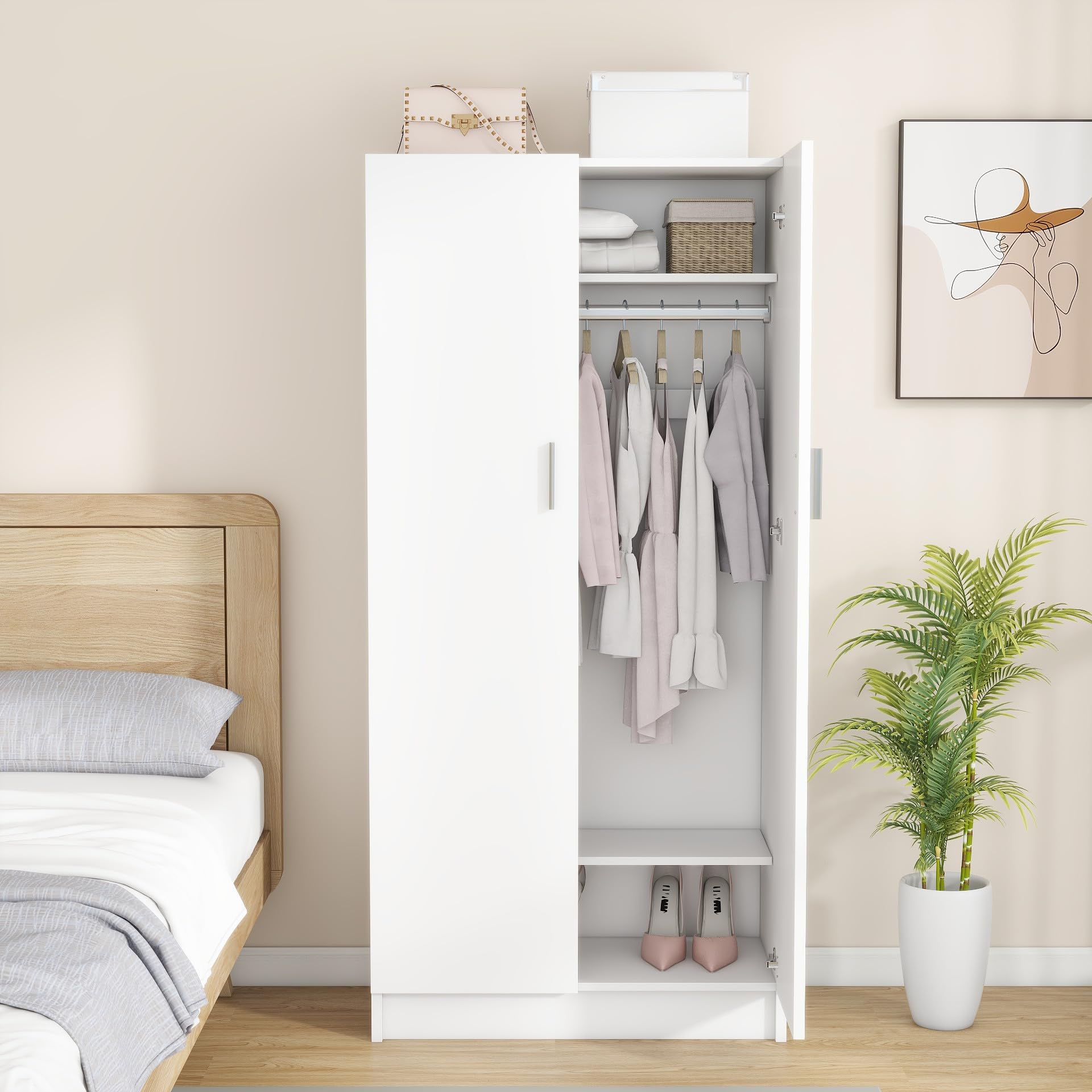 Panana 2 Door Wardrobe Closet - White Bedroom Storage Cabinet with Shelves & Hanging Rod - Perfect for Bedroom, Guest Room, Apartment & Dorm Organization