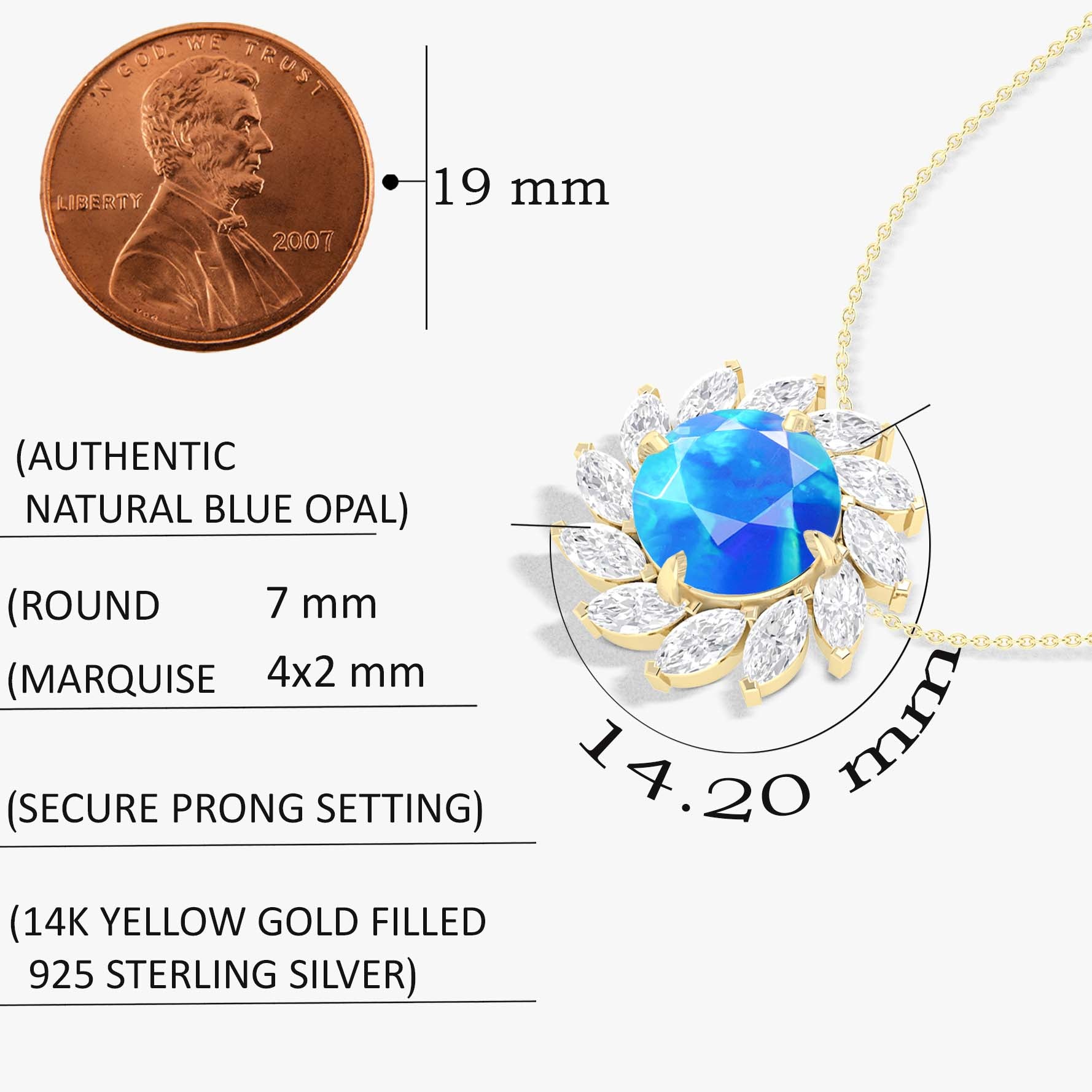 Sunflower Charm Pendant Necklace with Natural Blue Opal & White Zircon - Elegant Bohemian Jewelry for Women, Perfect for Date Night & Summer Outfits