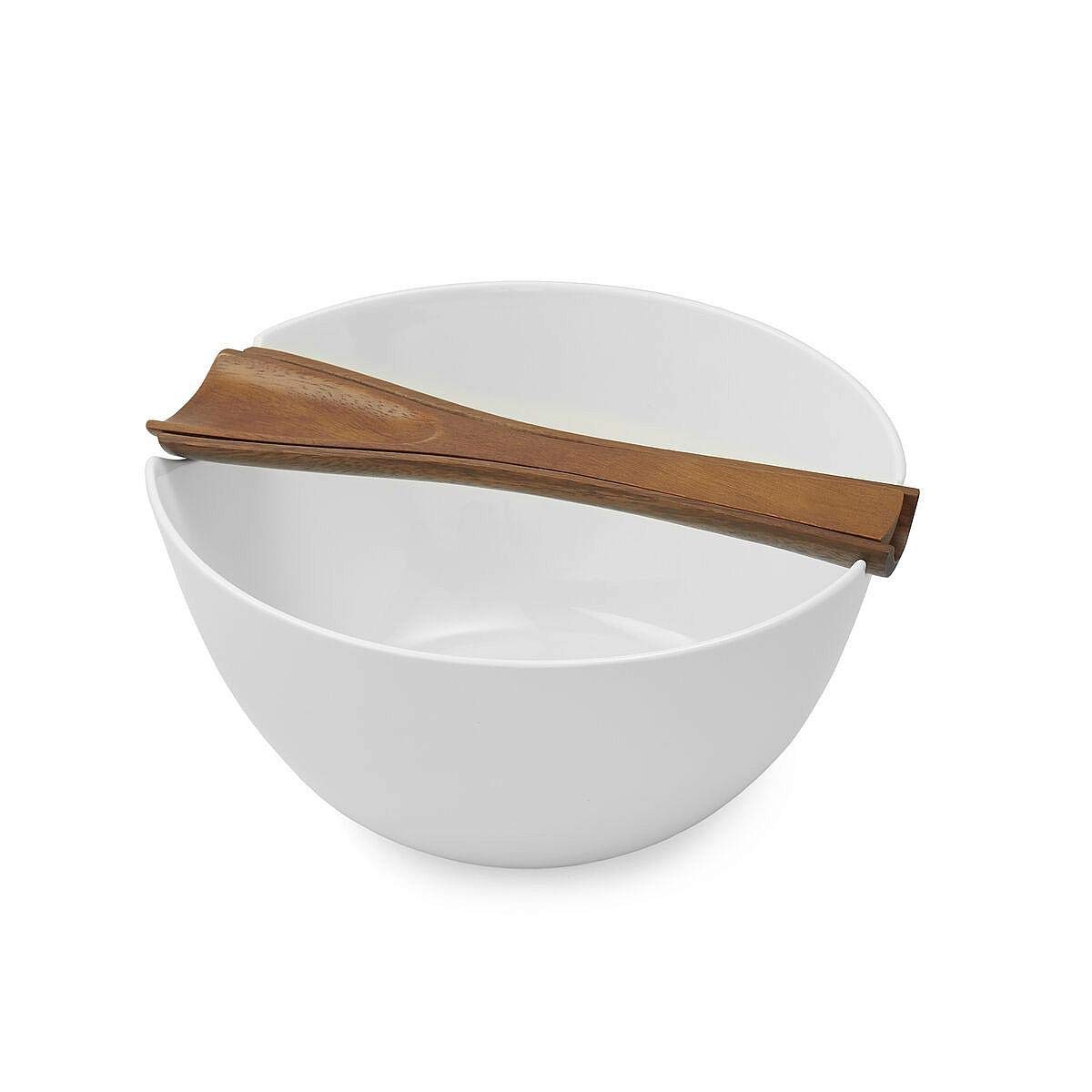 Nambe Quatro Acacia Wood Salad Bowl Set with Wooden Utensils | 11-Inch Serving Bowl for Entertaining & Dining