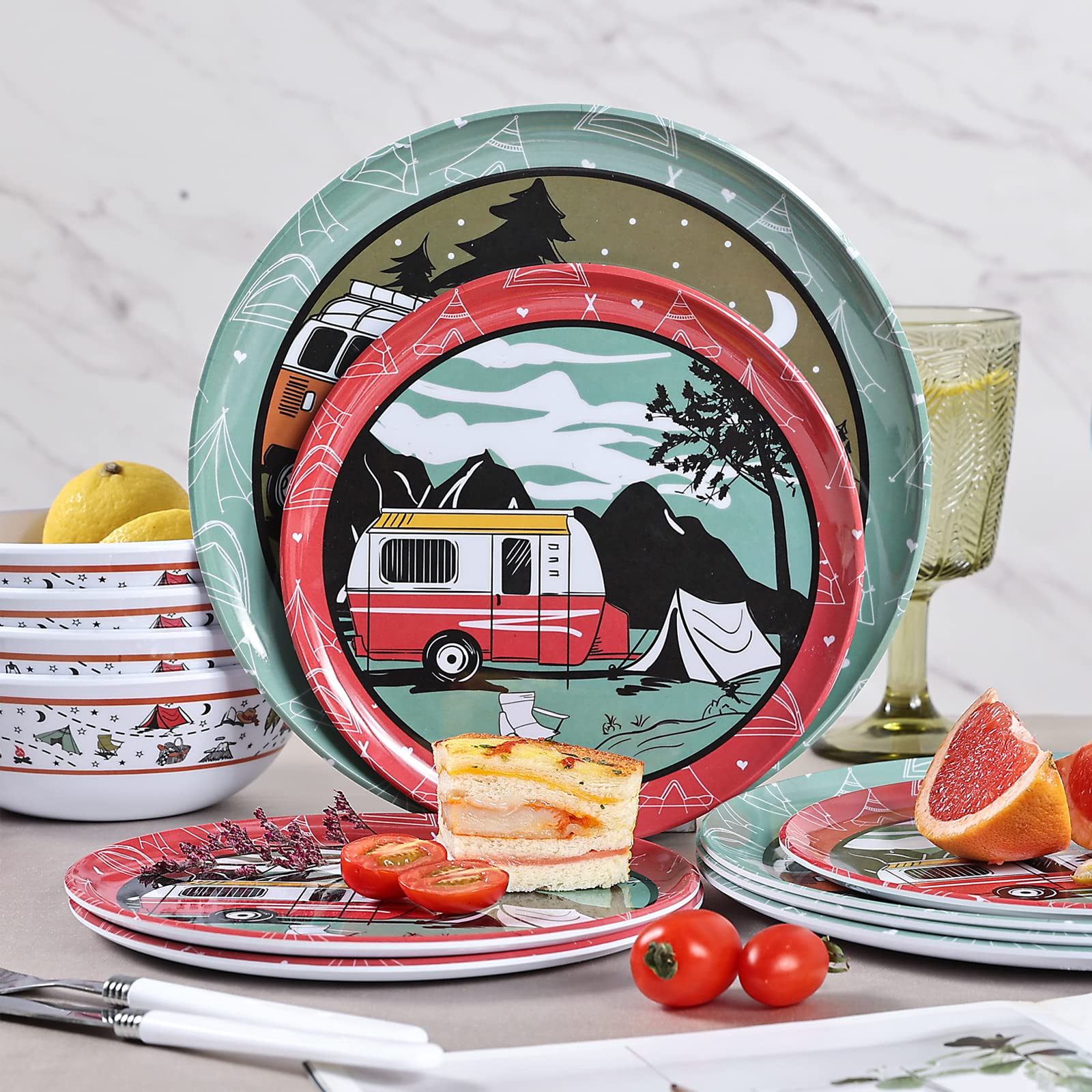 12-Piece Melamine Dinnerware Set for 4 - Durable Camping Dishes for Outdoor Picnics, BBQs & RV Travel - Dishwasher Safe & Shatterproof - Perfect for Camping, Backyard Parties & Beach Outings