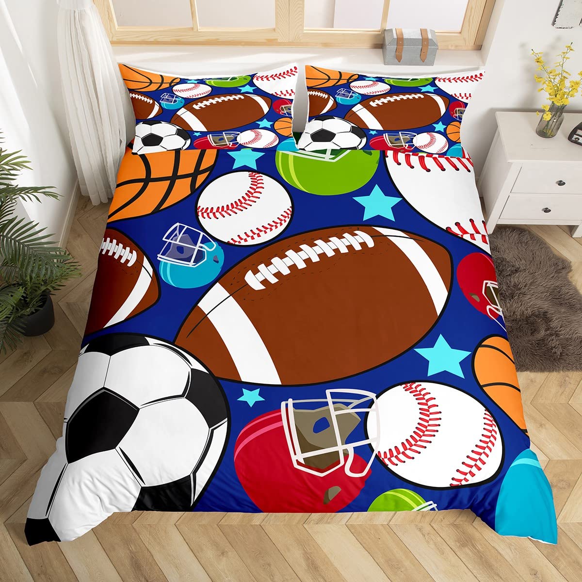 Feelyou Kids Sports Duvet Cover Set - Football Basketball Tennis Baseball Theme Bedding for Boys & Teens - Full Size Duvet Cover with 2 Pillowcases - Perfect for Sports Themed Bedrooms & Dorm Rooms