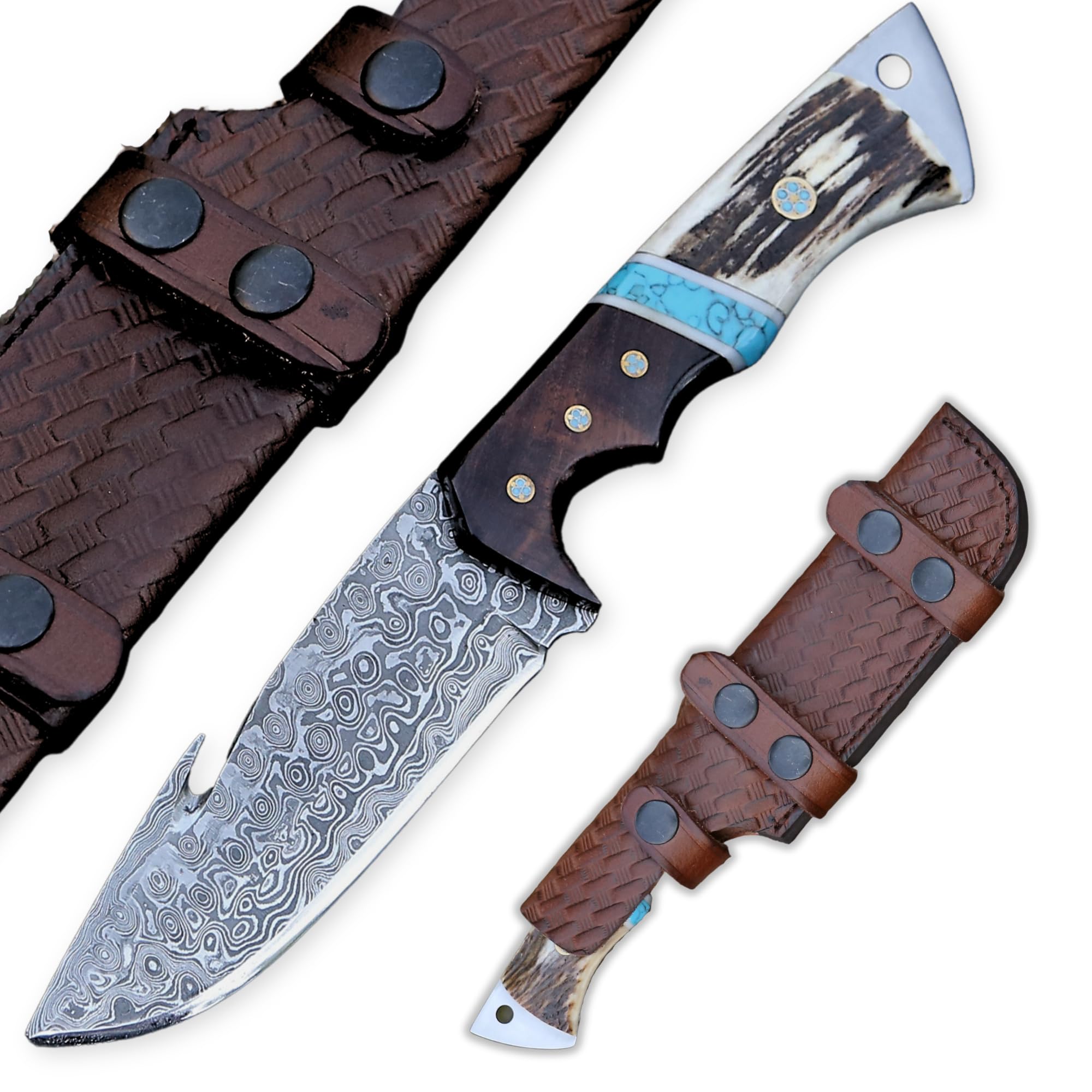 ExoSharp Damascus Gut Hook Hunting Knife - 9.5