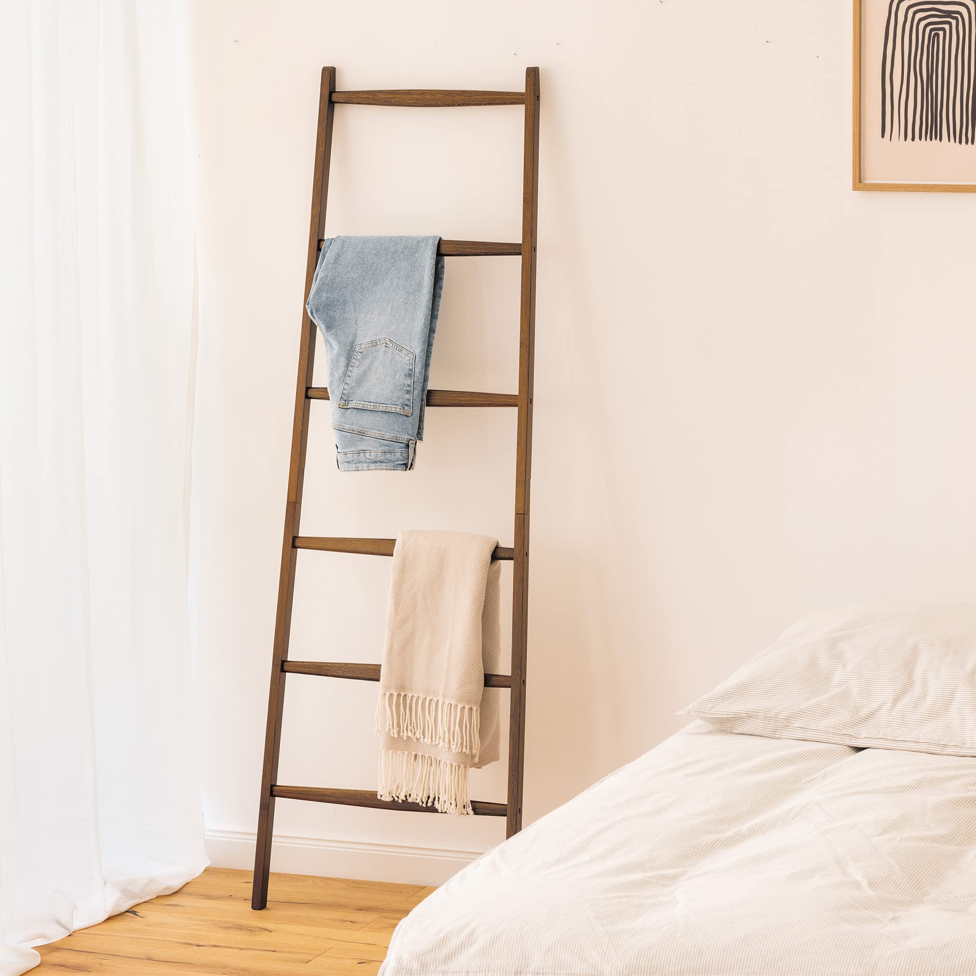 Premium Bamboo Towel Ladder - Space-Saving Wooden Rack for Blankets, Towels & Clothes - Bathroom & Bedroom Organizer - Natural Dark Brown Finish - Perfect for Spa, Laundry Room & Cozy Home Decor