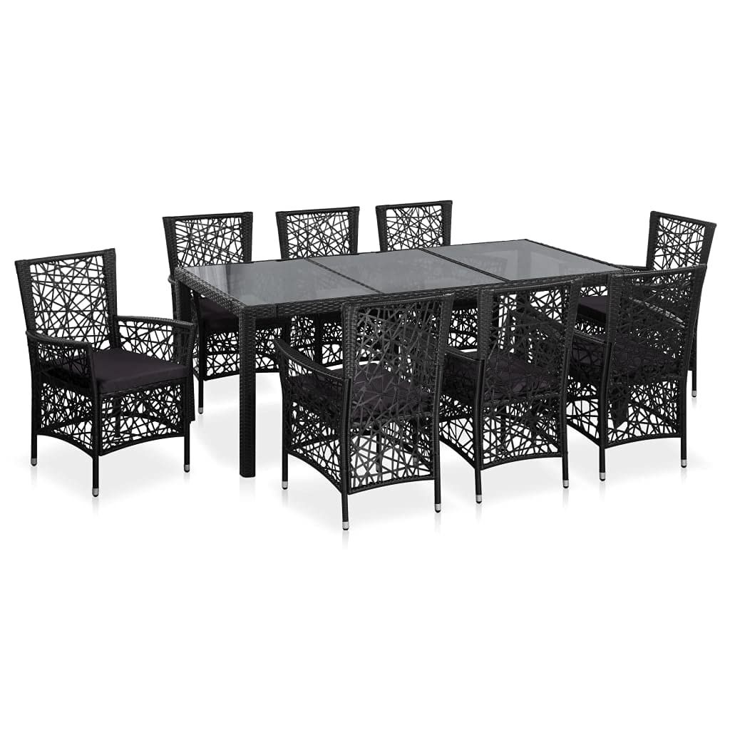 9-Piece Black Poly Rattan Outdoor Dining Set with Coffee Table & Cushioned Sectional Sofa - Patio Furniture Conversation Set for Garden, Backyard, and Poolside Relaxation
