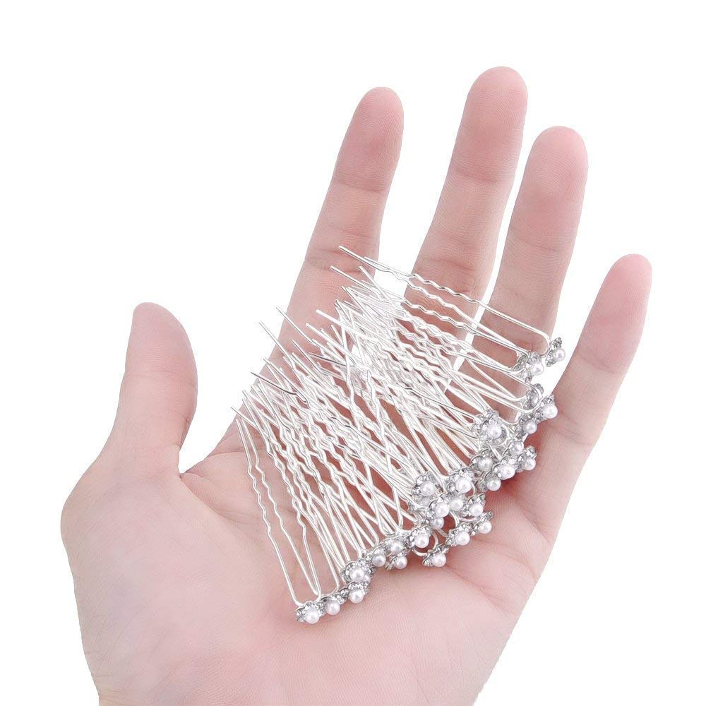 24 Pcs Flower Pearl Crystal Hair Pins for Women - Silver Bridal Hair Clips, Wedding Hair Jewelry Accessories - Perfect for Bridal Parties, Prom, and Special Occasions