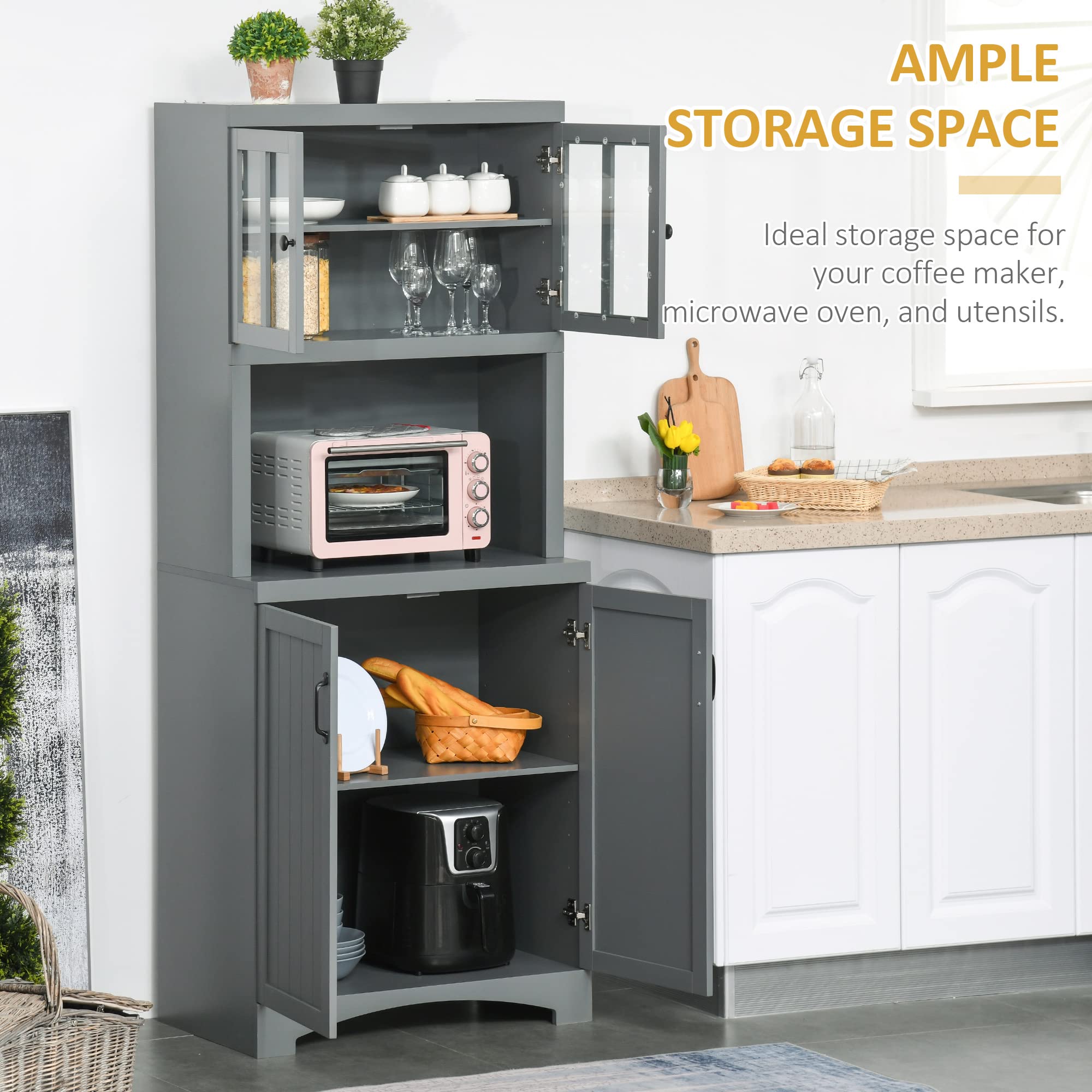 HOMCOM Kitchen Hutch with Glass Doors, Pantry Cabinet with Adjustable Shelves & Microwave Space - Gray Storage Organizer for Dining Room & Kitchen | Perfect for Small Spaces & Home Organization