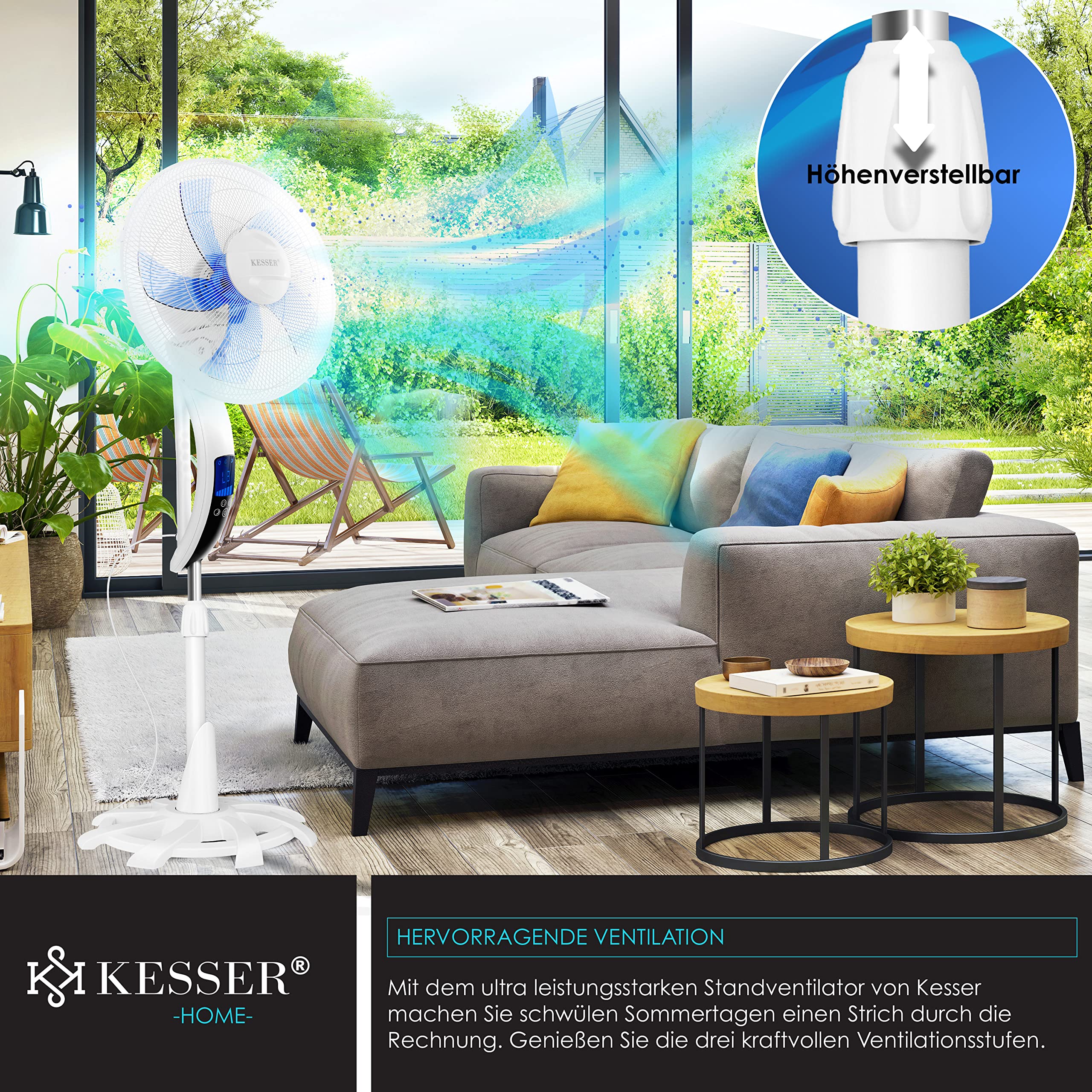 KESSER® 50W Remote Control Floor Fan with Timer, 3 Speed Levels, 80° Oscillation, Height & Tilt Adjustable Stand - Perfect for Home, Office & Bedroom Cooling