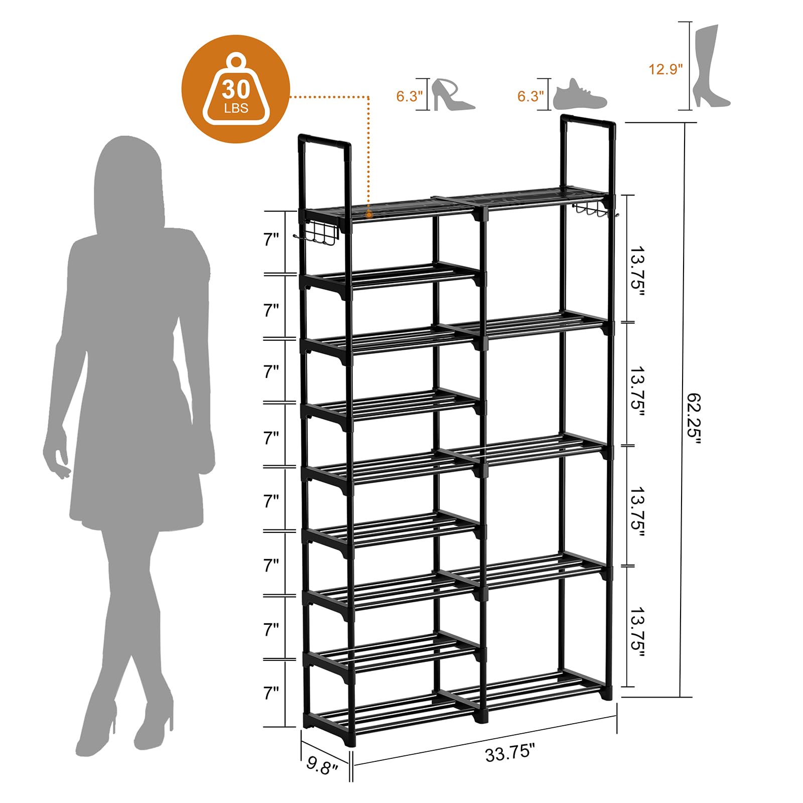 WOWLIVE 9-Tier Shoe Rack Organizer - Heavy Duty Metal Frame with Plastic Connectors, Holds 30-35 Pairs, Stackable Shoe Storage Cabinet for Closet, Entryway, Bedroom - Black (SSS2B9)